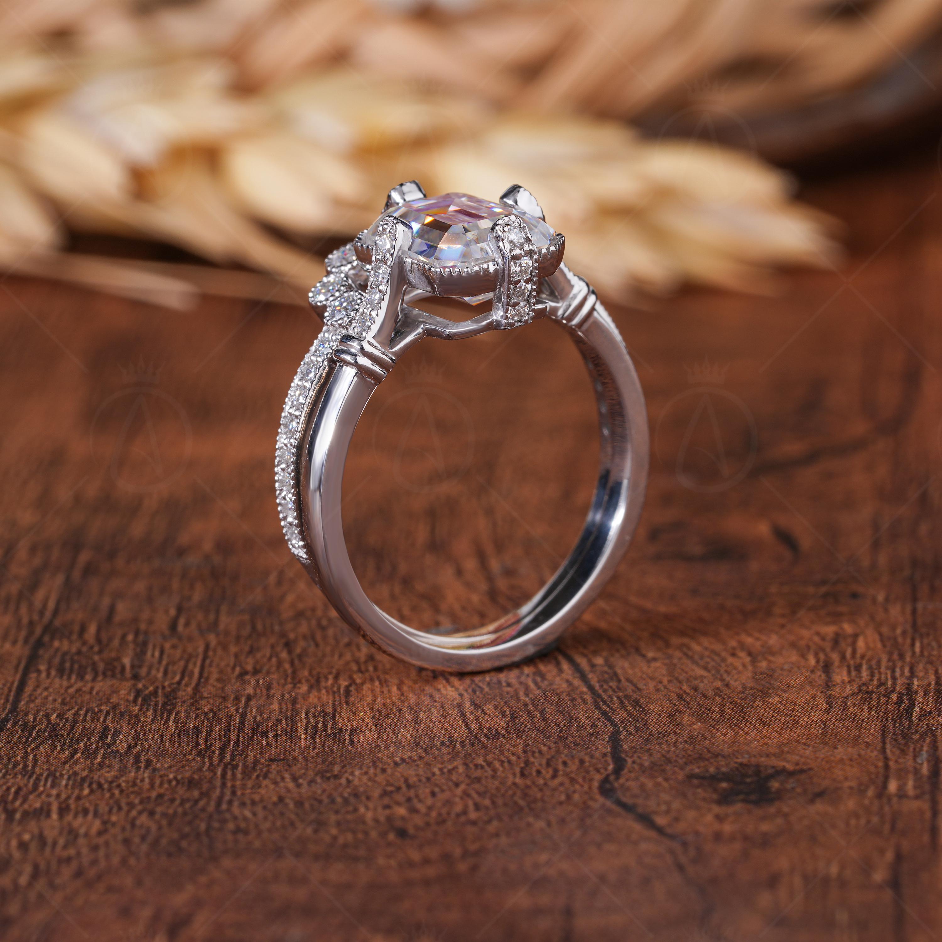 Art Deco Emerald Cut Engagement Ring, Moissanite Vintage Bridal Wedding Ring Set, Unique Vintage Milgrain Rings For Women