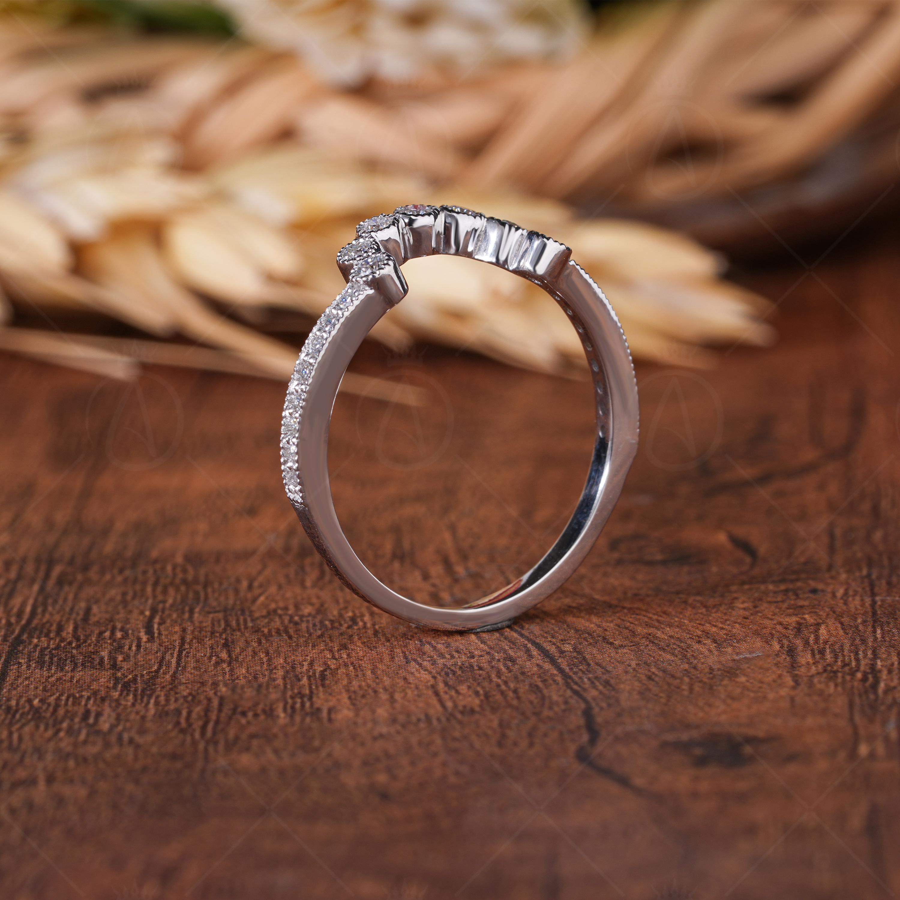 Curved Stacking Wedding Band For Women Ring, Milgrain Vintage Estate Band, Contoured Moissanite Art Deco Band, Bridal Matching Band