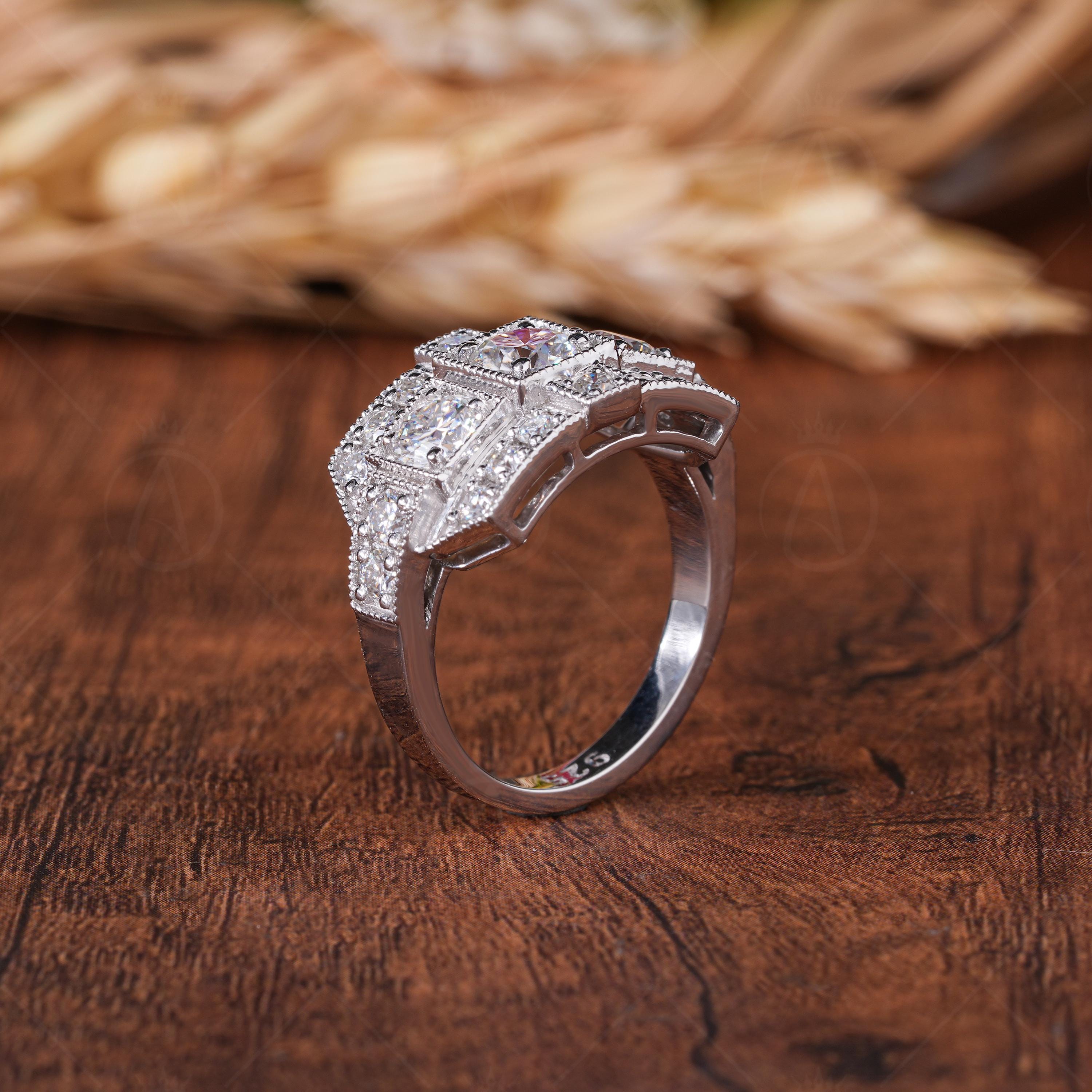 Edwardian Style Moissanite Engagement Ring, Antique Vintage Milgrain Ring For Women, 3 Stone Moissanite Art Deco Ring