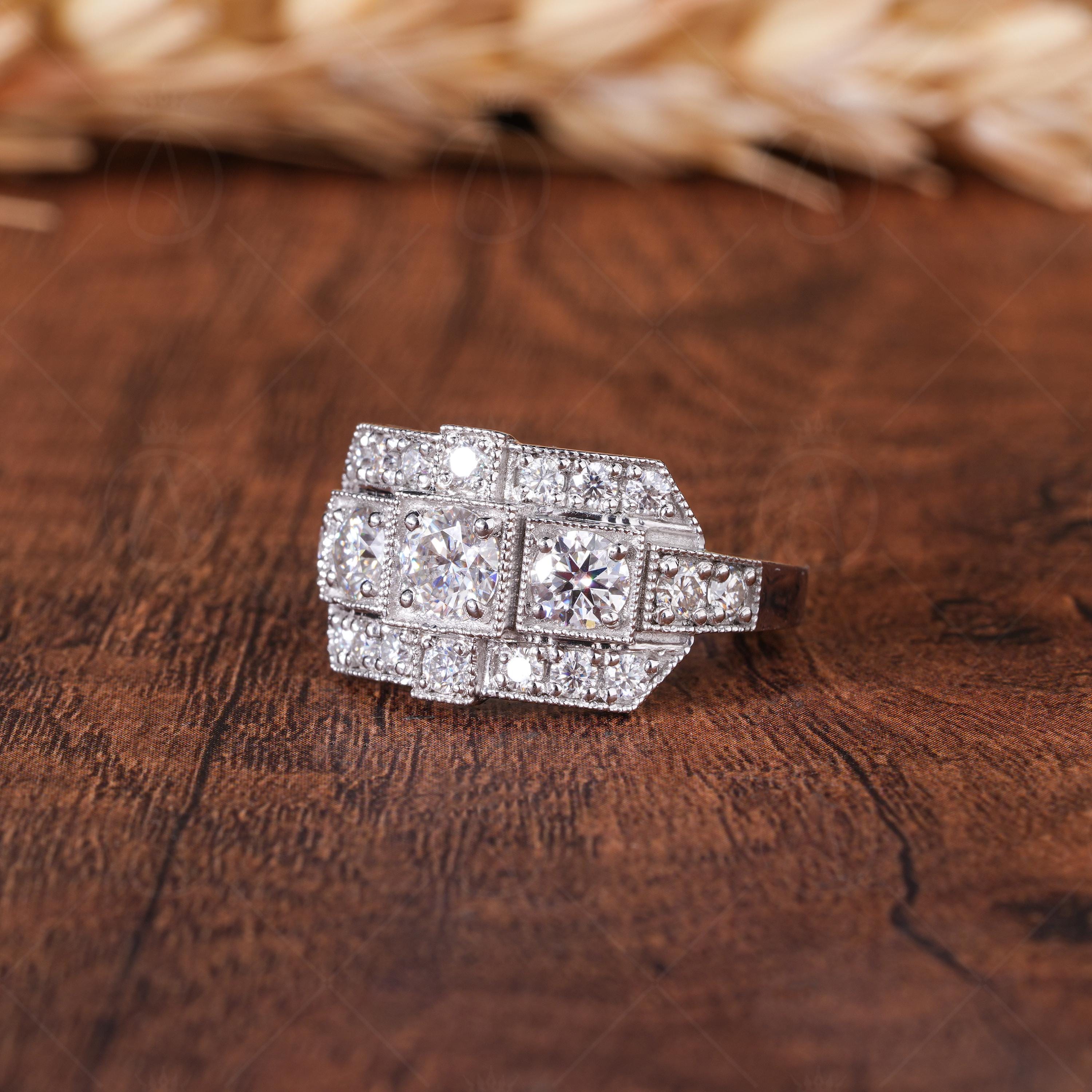 Edwardian Style Moissanite Engagement Ring, Antique Vintage Milgrain Ring For Women, 3 Stone Moissanite Art Deco Ring