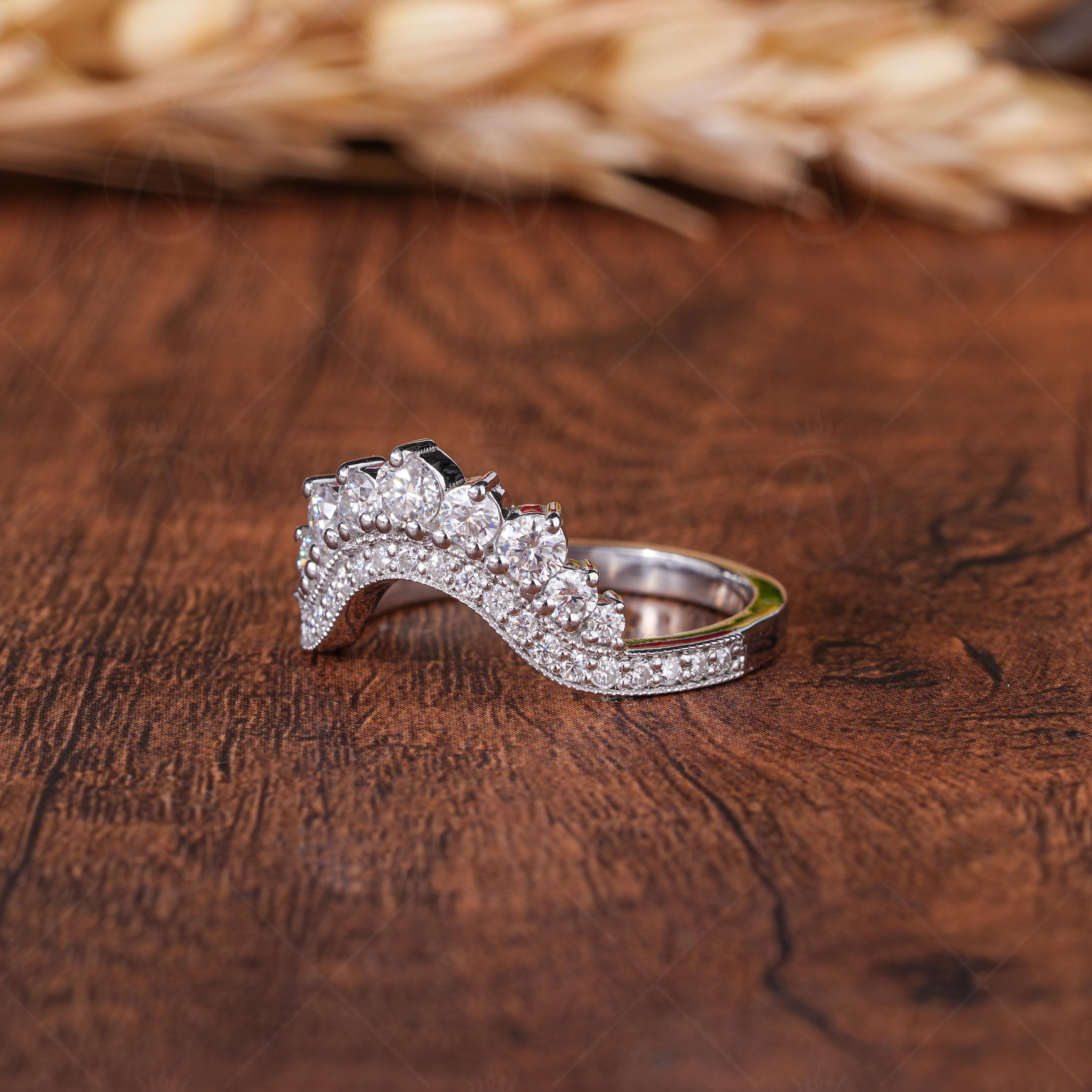 Moissanite Contour Wedding Bands Women, Art Deco Curved Matching Band For Bridal Ring, Unique Nesting Stackable Rings