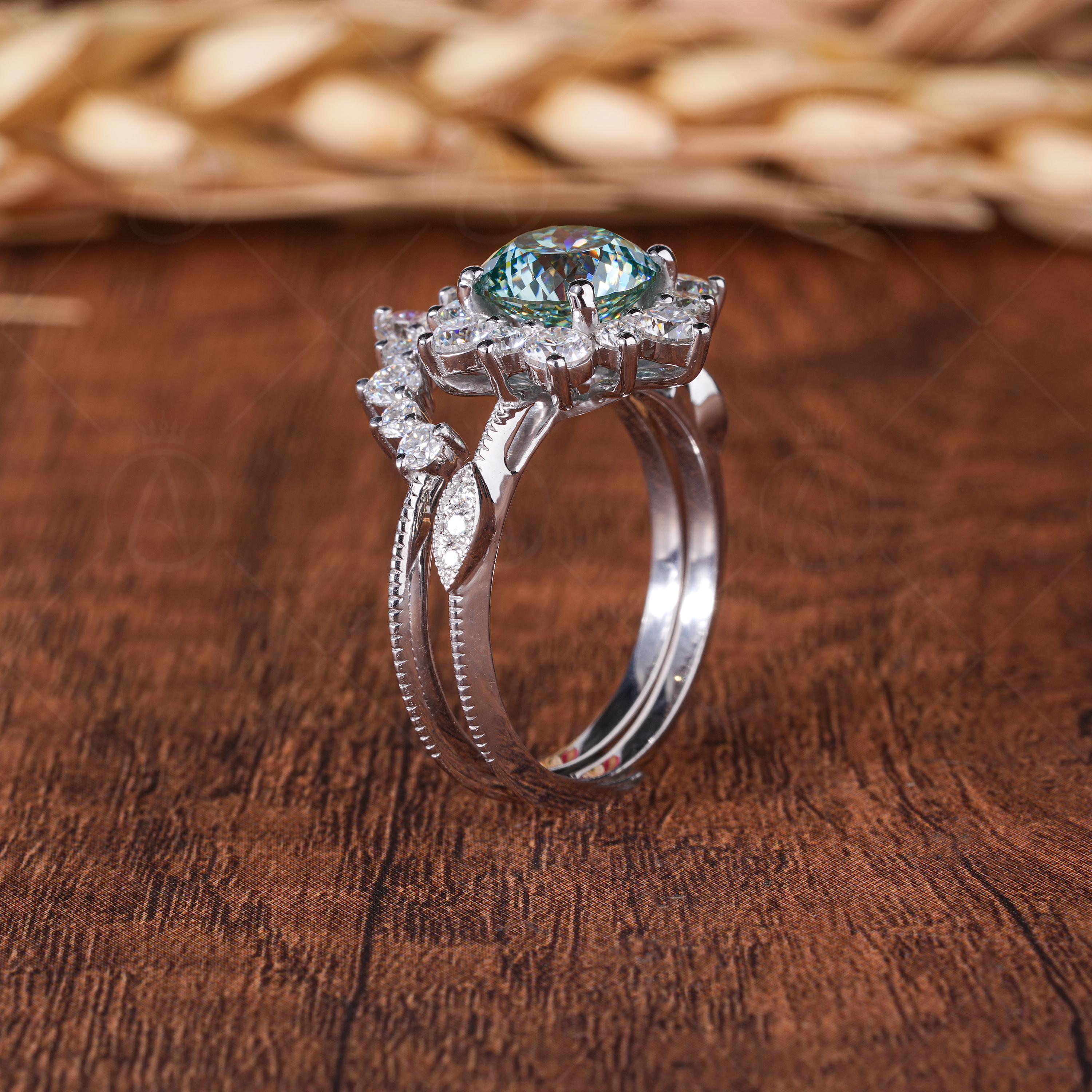 Art Deco Cyan Blue Portuguese Cut Moissanite Wedding Ring Set, Two Piece Bridal Sets For Women, Halo Engagement Ring With Matching Band