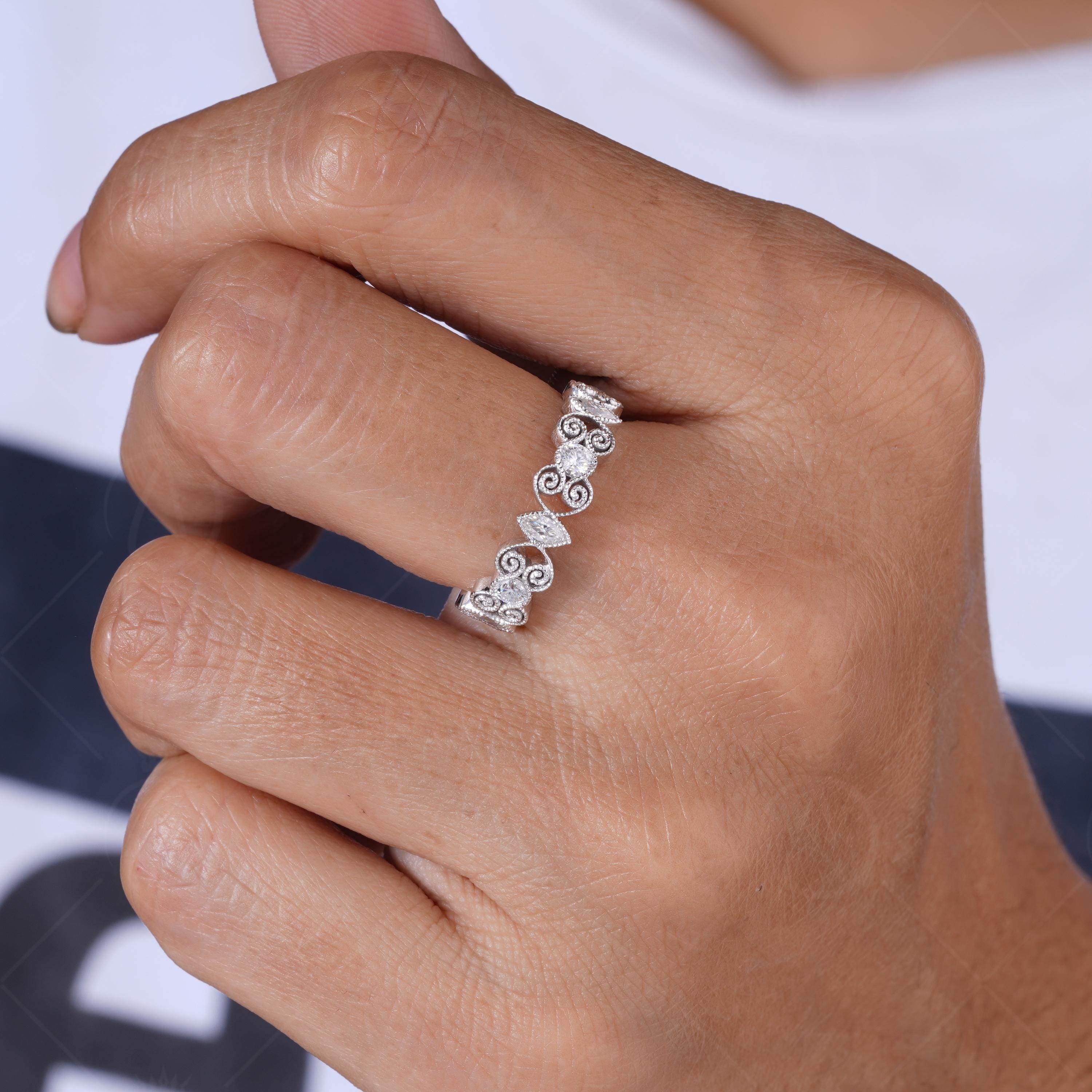 Filigree Wedding Band For Women Milgrain Vintage Anniversary Ring Unique Art Deco White Gold Ring Moissanite Wide Promise Band