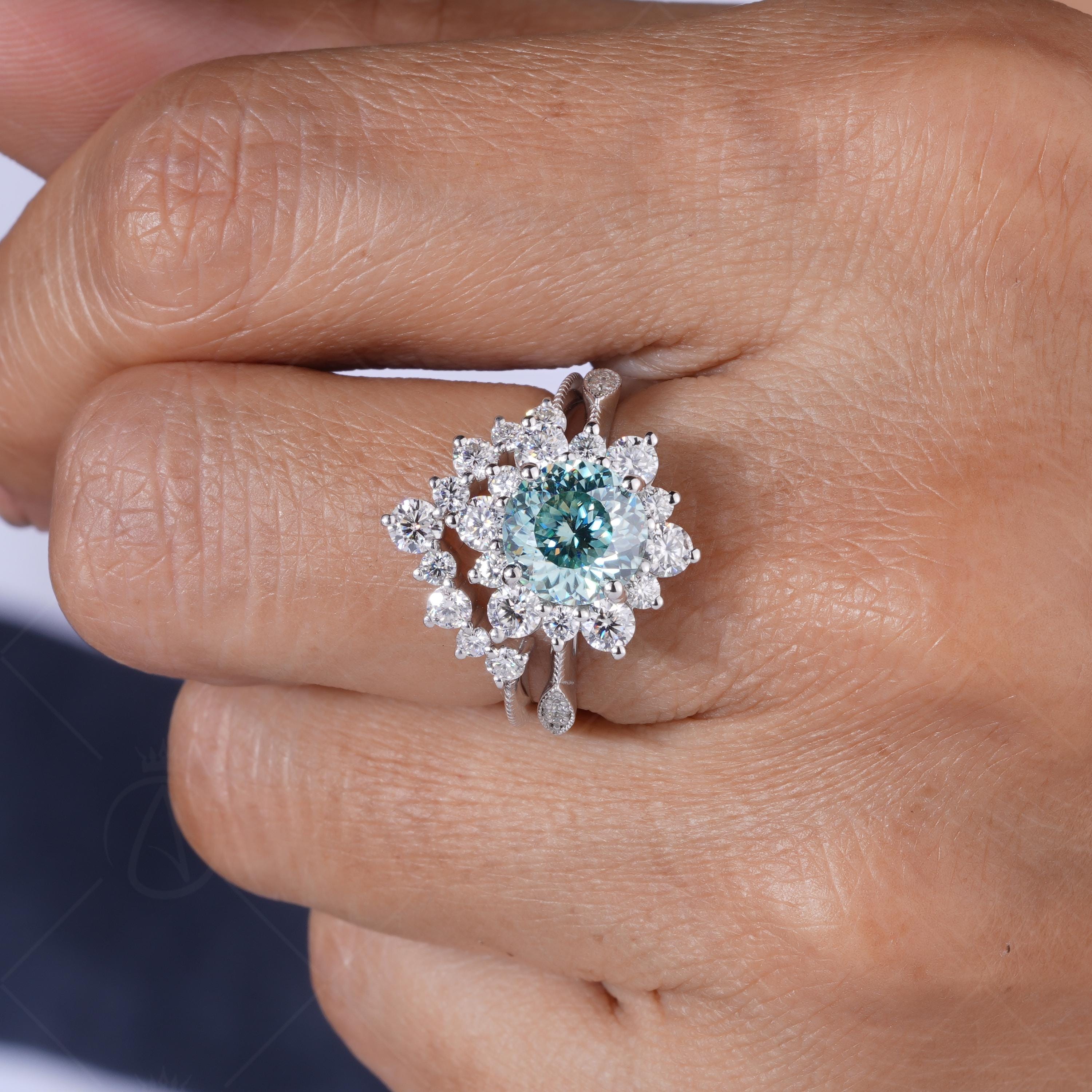 Art Deco Cyan Blue Portuguese Cut Moissanite Wedding Ring Set, Two Piece Bridal Sets For Women, Halo Engagement Ring With Matching Band