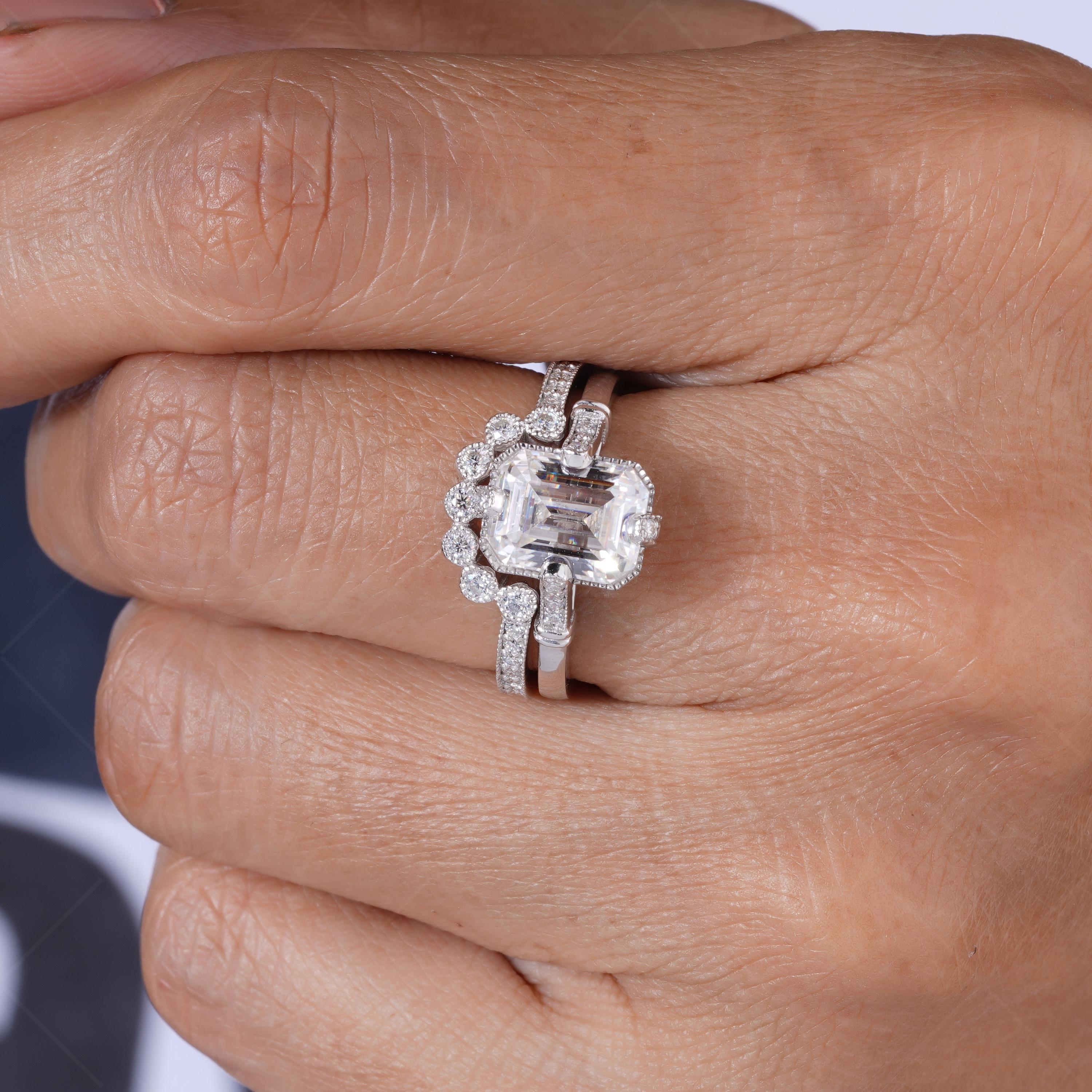 Art Deco Emerald Cut Engagement Ring, Moissanite Vintage Bridal Wedding Ring Set, Unique Vintage Milgrain Rings For Women