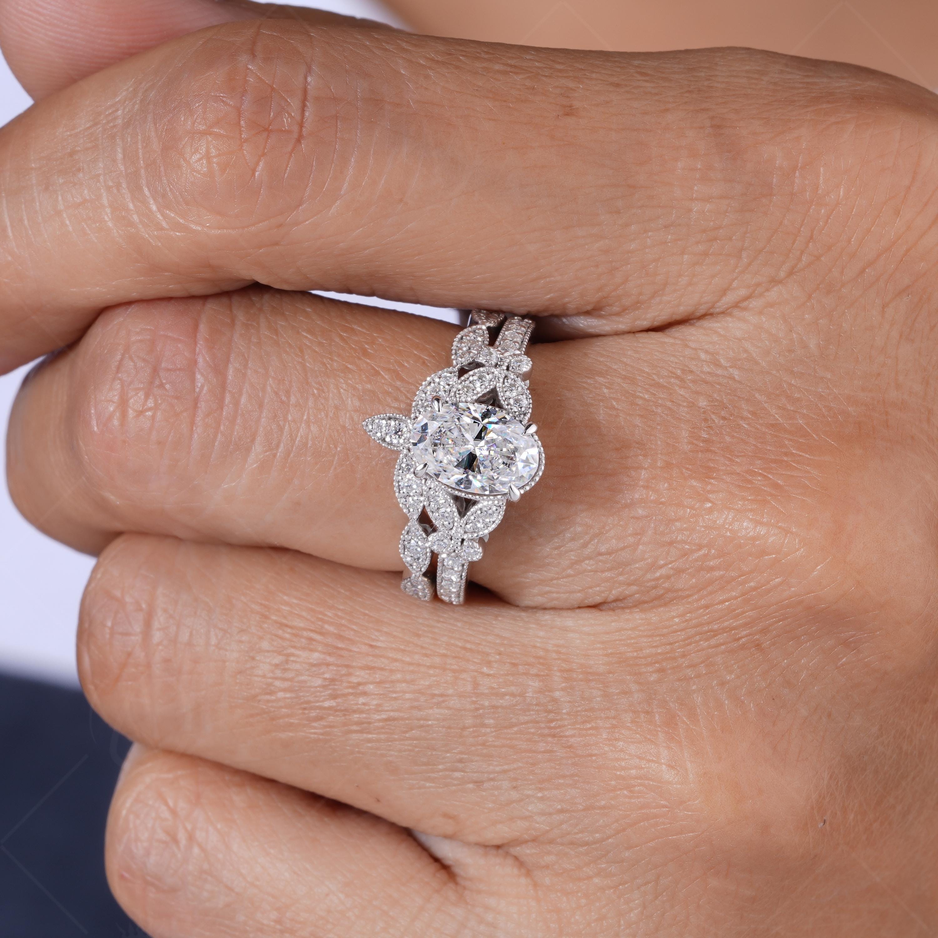 Art Deco Vintage Oval Wedding Bridal Ring Set, Oval Moissanite Vintage Engagement Ring, Vintage Milgrain Ring Sets, Matching Curved Band