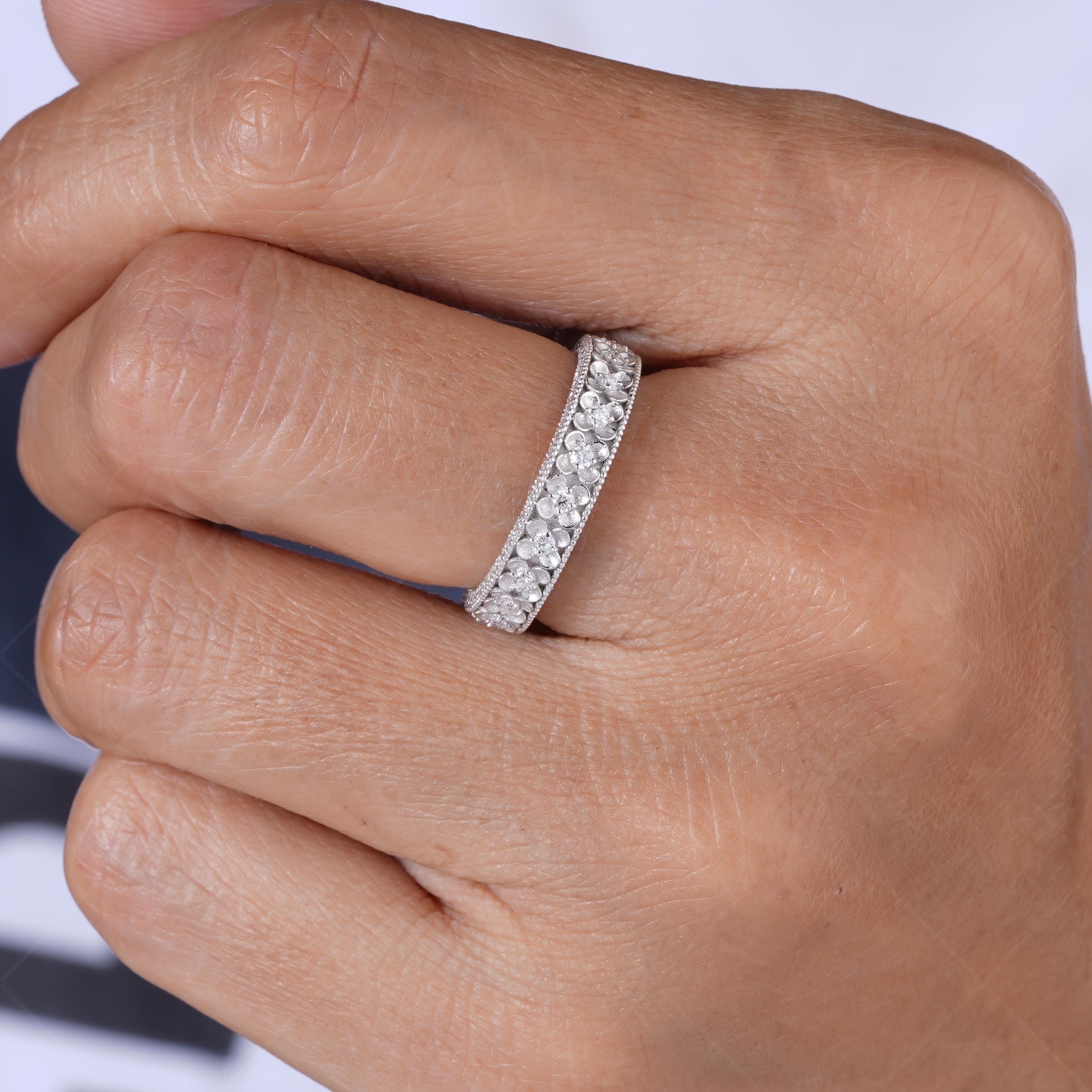 Carved Flower Antique Wedding Band Double Sided Pave Moissanite Band Unique Filigree Flower Eternity Band Vintage Milgrain Band For Women Floral Anniversary Band Unique Promise Ring For Her Wide Stackable Ring Moissanite Statement Ring