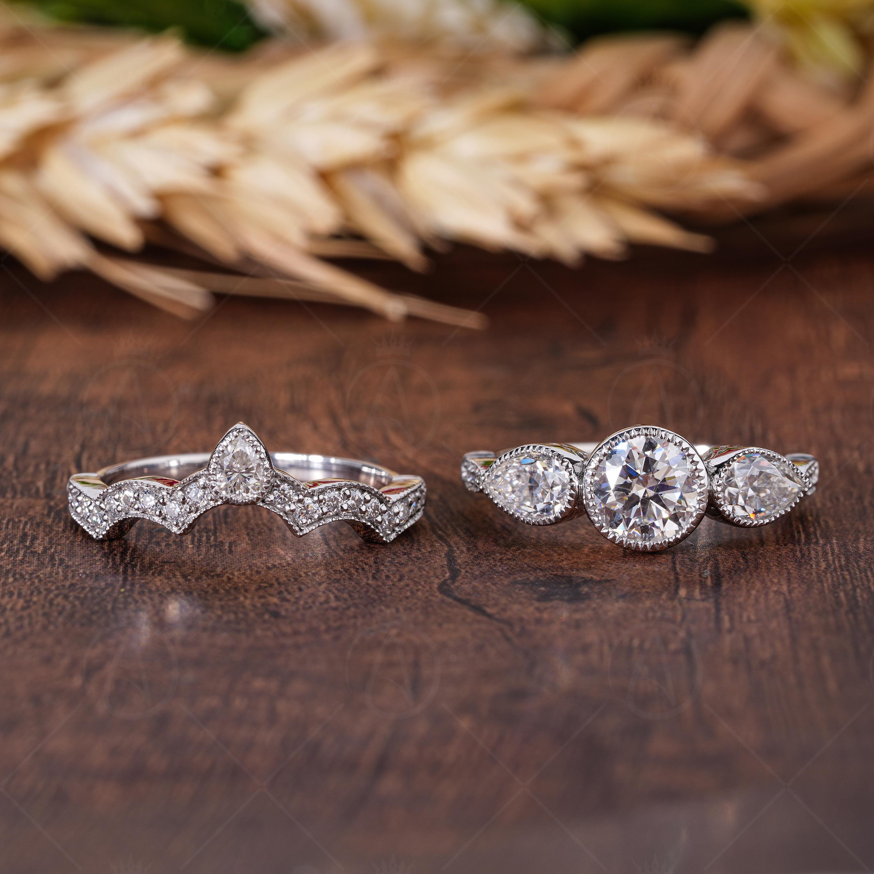 Art Deco Three Stone Engagement Ring With Matching Curved Wedding Band, Milgrain Vintage Bridal Ring Sets For Women, Wedding Rings