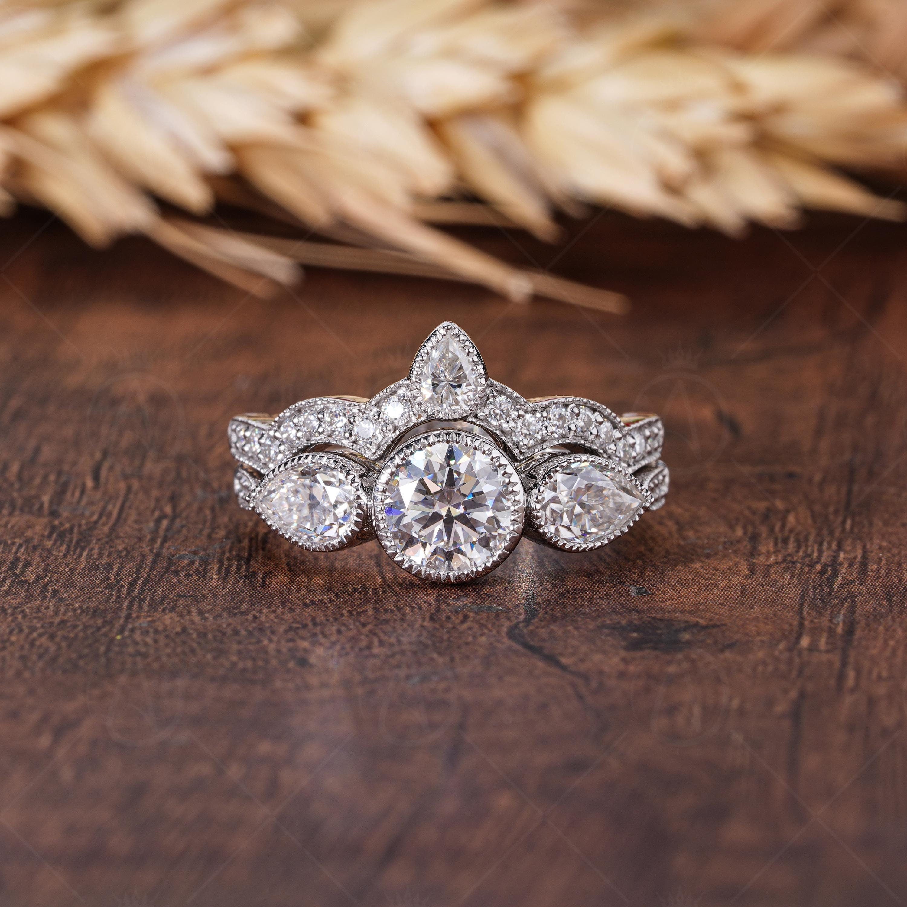 Art Deco Three Stone Engagement Ring With Matching Curved Wedding Band, Milgrain Vintage Bridal Ring Sets For Women, Wedding Rings