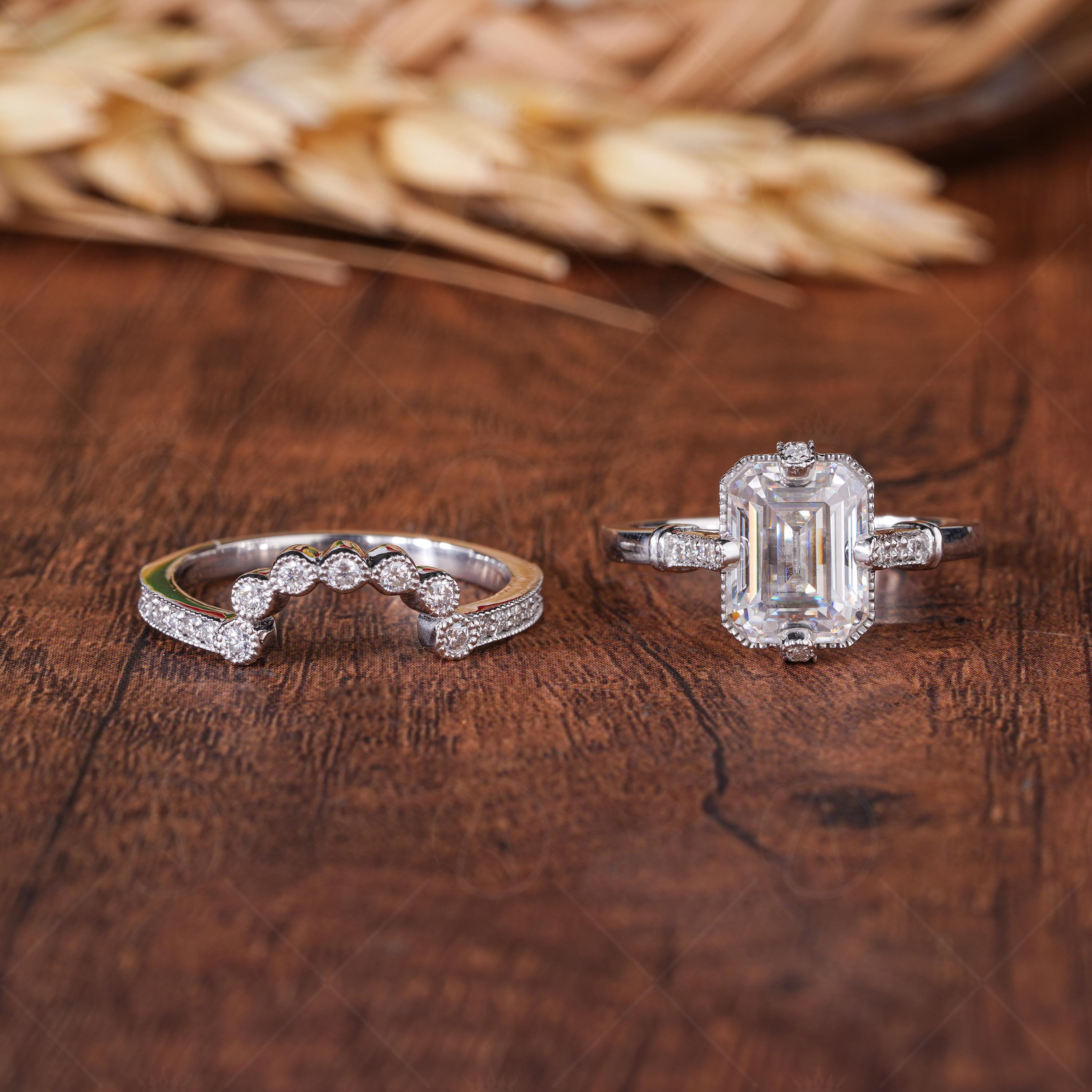 Art Deco Emerald Cut Engagement Ring, Moissanite Vintage Bridal Wedding Ring Set, Unique Vintage Milgrain Rings For Women