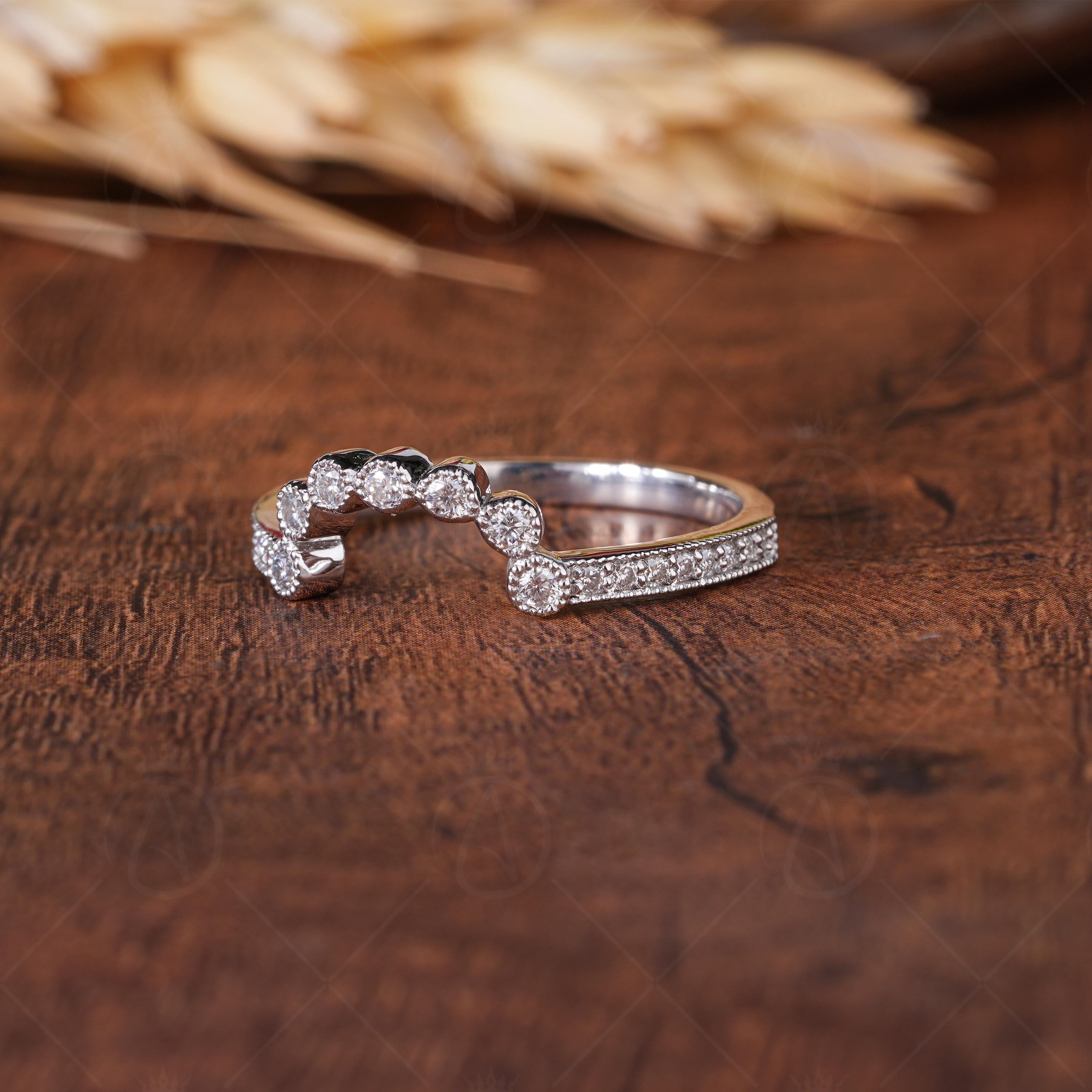 Curved Stacking Wedding Band For Women Ring, Milgrain Vintage Estate Band, Contoured Moissanite Art Deco Band, Bridal Matching Band