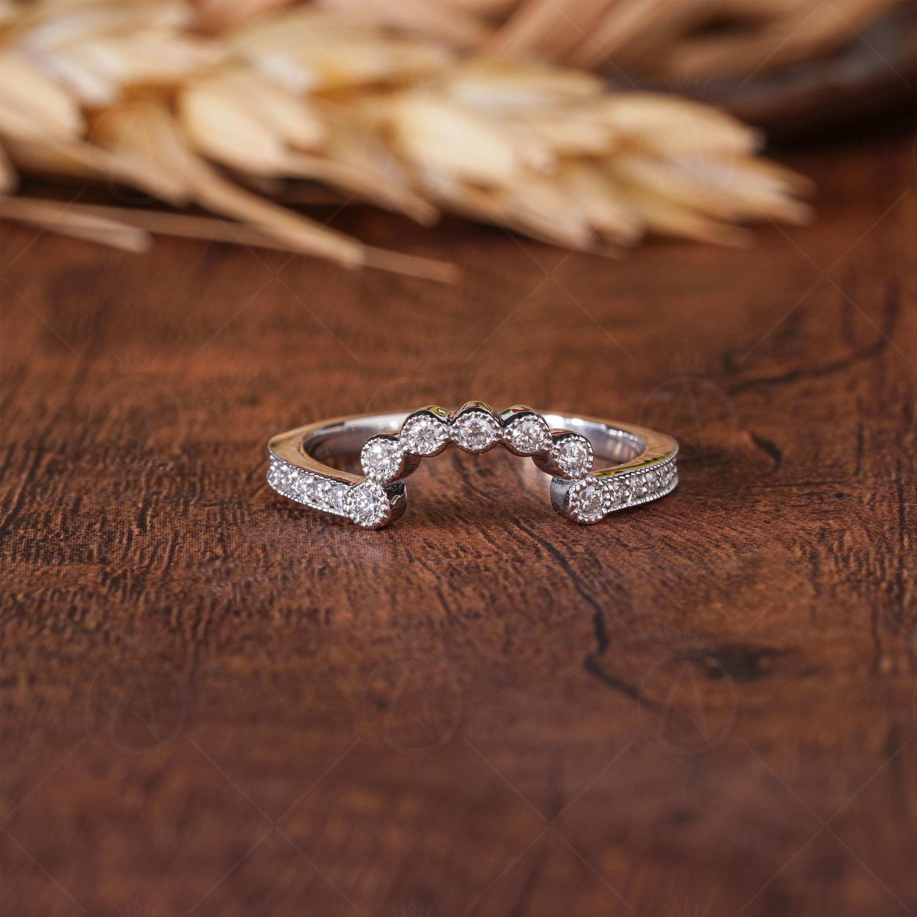 Curved Stacking Wedding Band For Women Ring, Milgrain Vintage Estate Band, Contoured Moissanite Art Deco Band, Bridal Matching Band