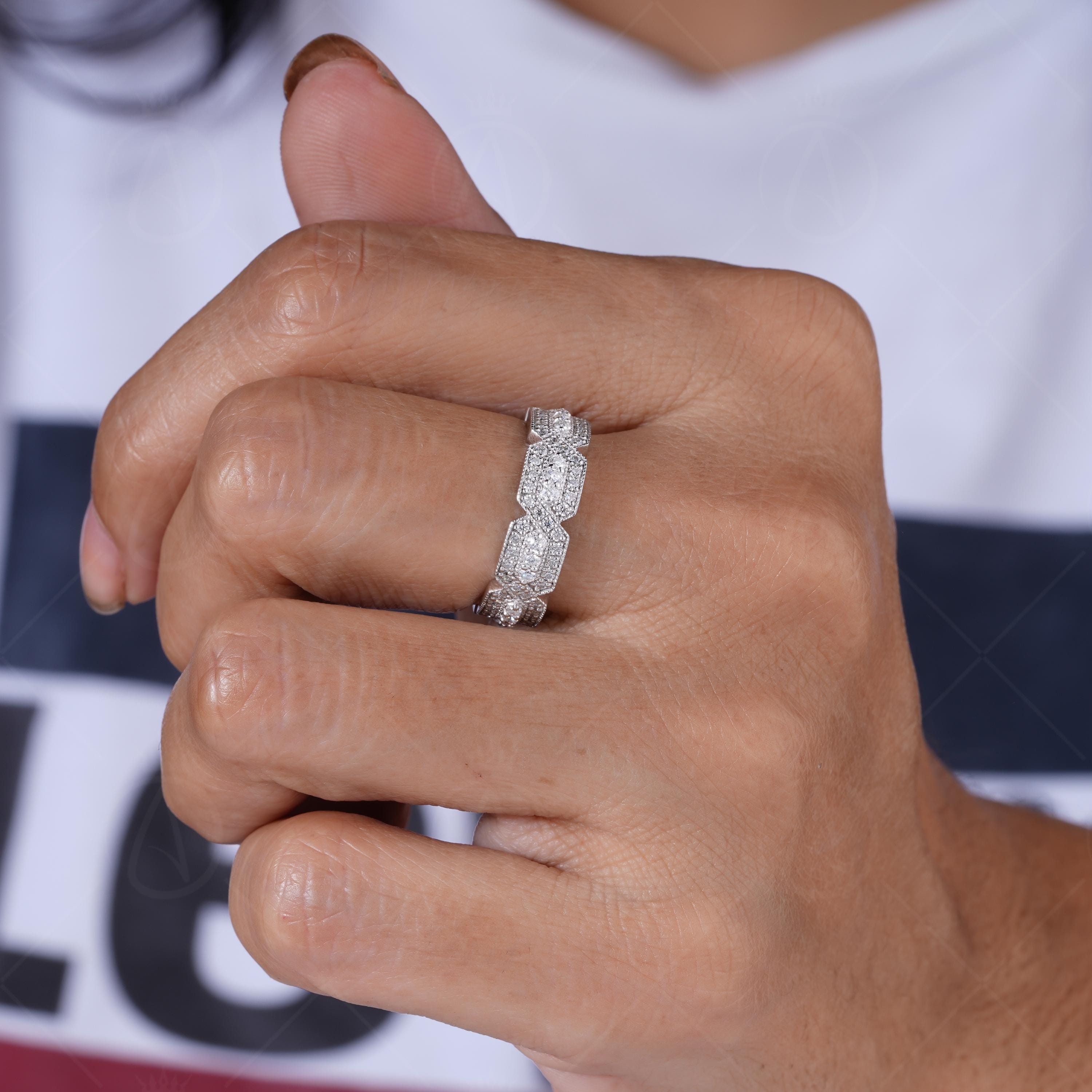 Unique Moissanite Full Eternity Wedding Bands Women Wide Vintage Milgrain Band Ring Designer Anniversary Ring Promise Ring For Her