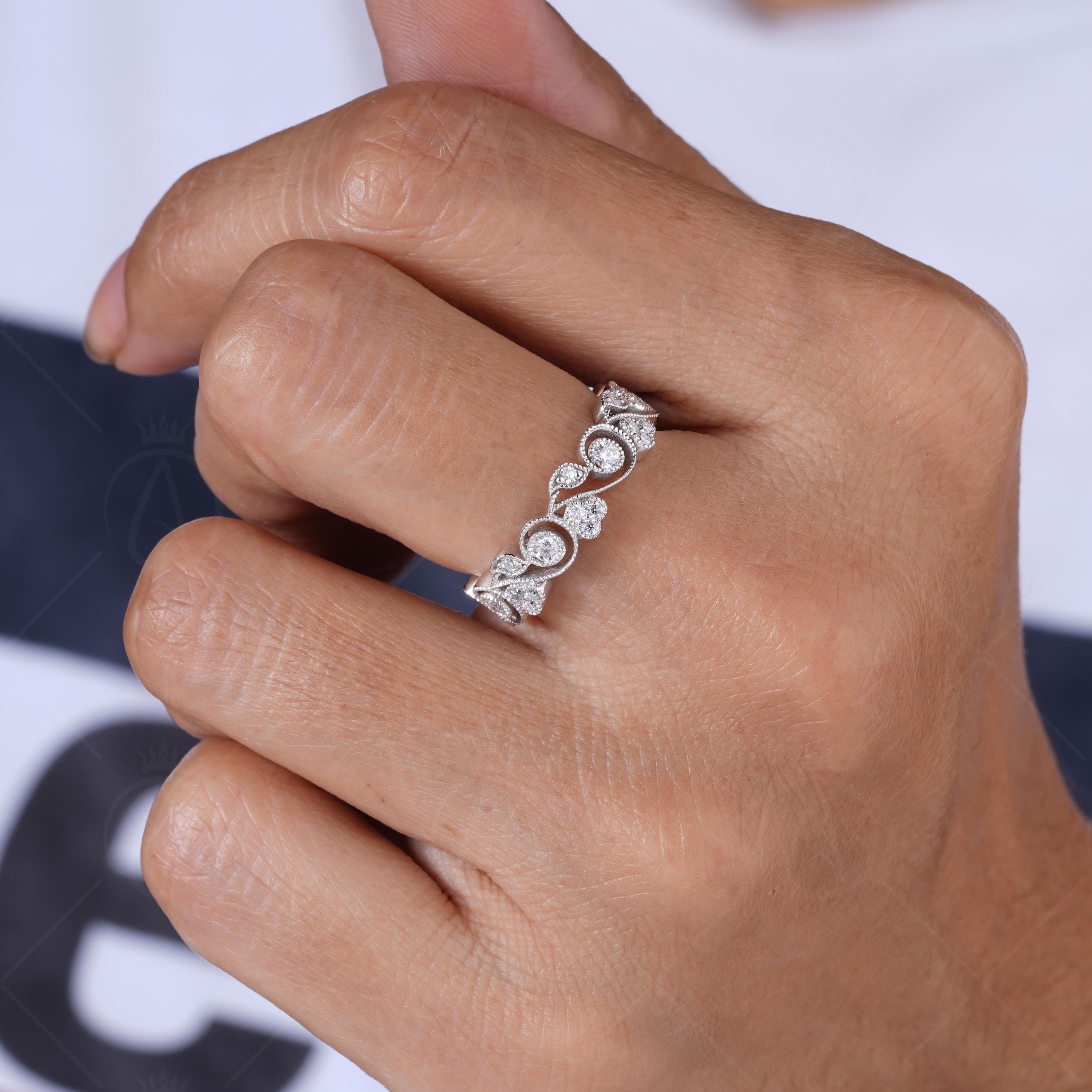 Vintage Filigree Wedding Bands Women Unique Milgrain Full Eternity Band Art Deco Anniversary Band White Gold Moissanite Band Ring