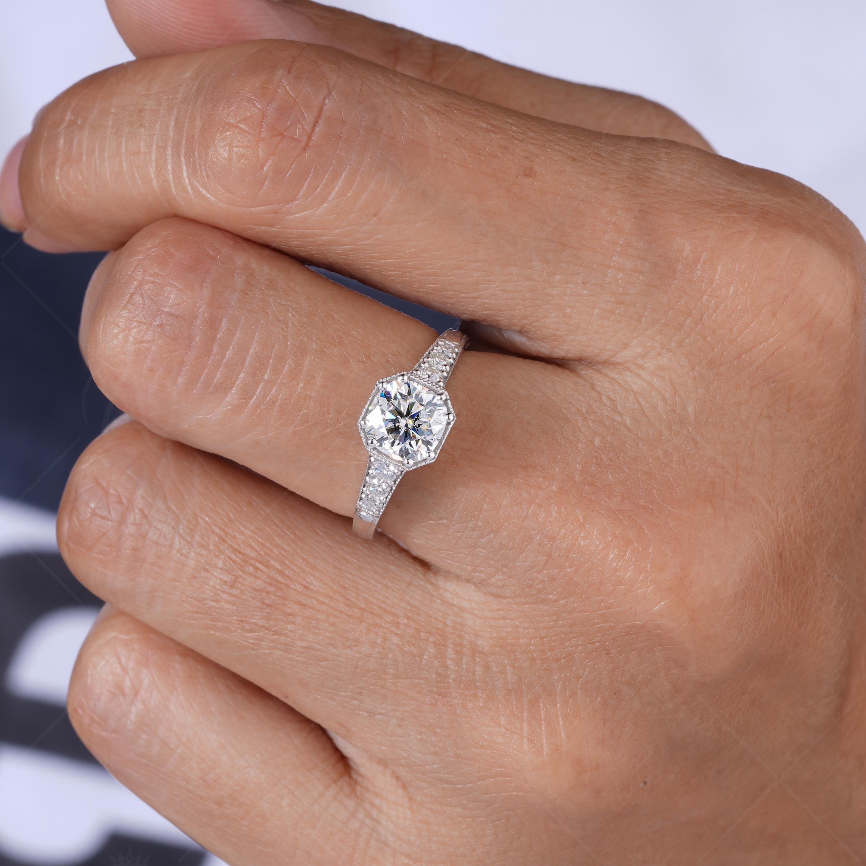 1.5Ct Cushion Cut Moissanite Art Deco Engagement Ring Unique Promise Rings For Women Colorless Moissanite Vintage Ring For Her