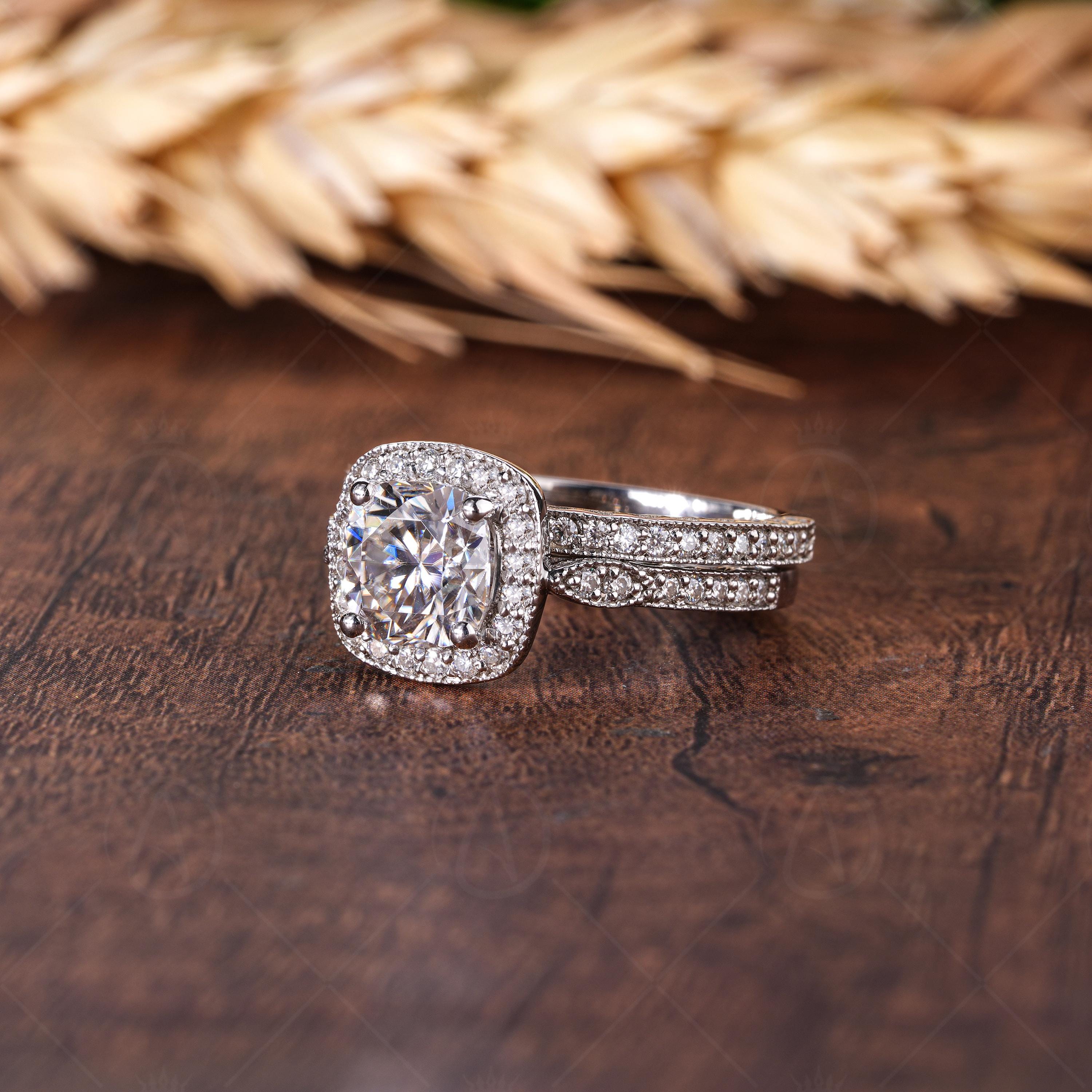 Moissanite Cushion Cut Halo Engagement Ring, Unique Carved Wedding Ring Set, Art Deco Vintage Bridal Ring Set, Matching Stackable Band