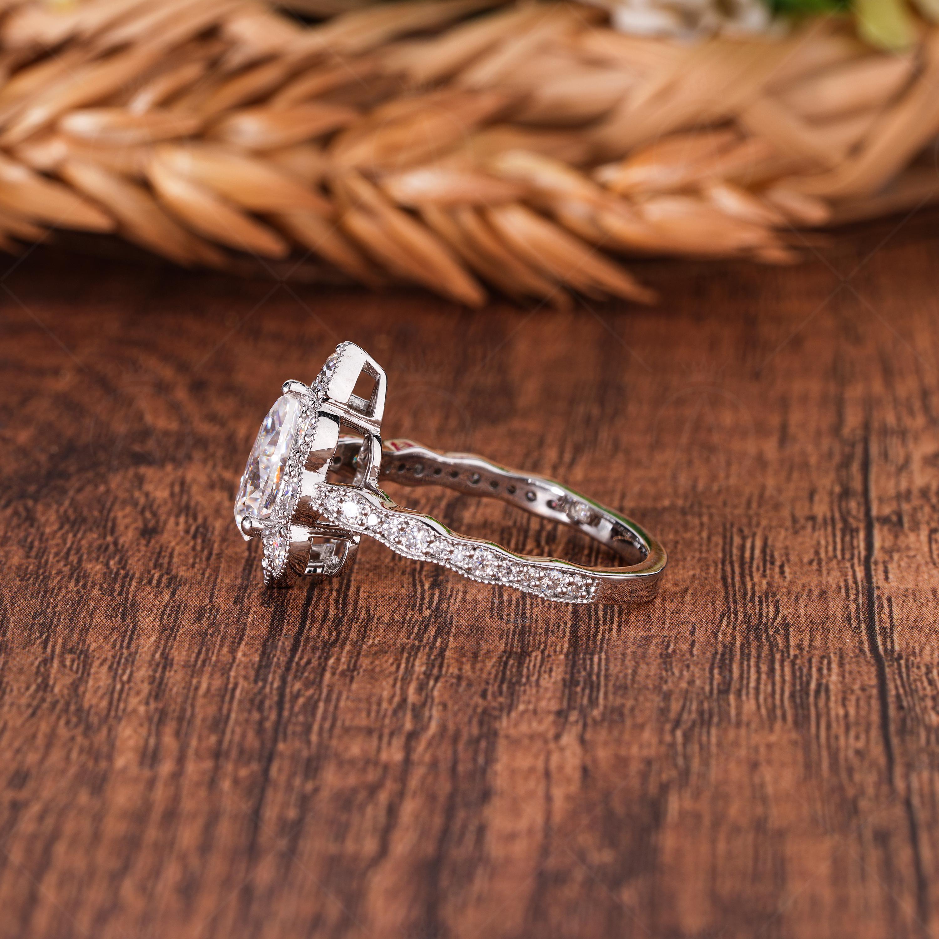 Art Deco Vintage Style Engagement Ring Unique Milgrain Vintage Rings For Women Pear Shaped Moissanite Halo Ring