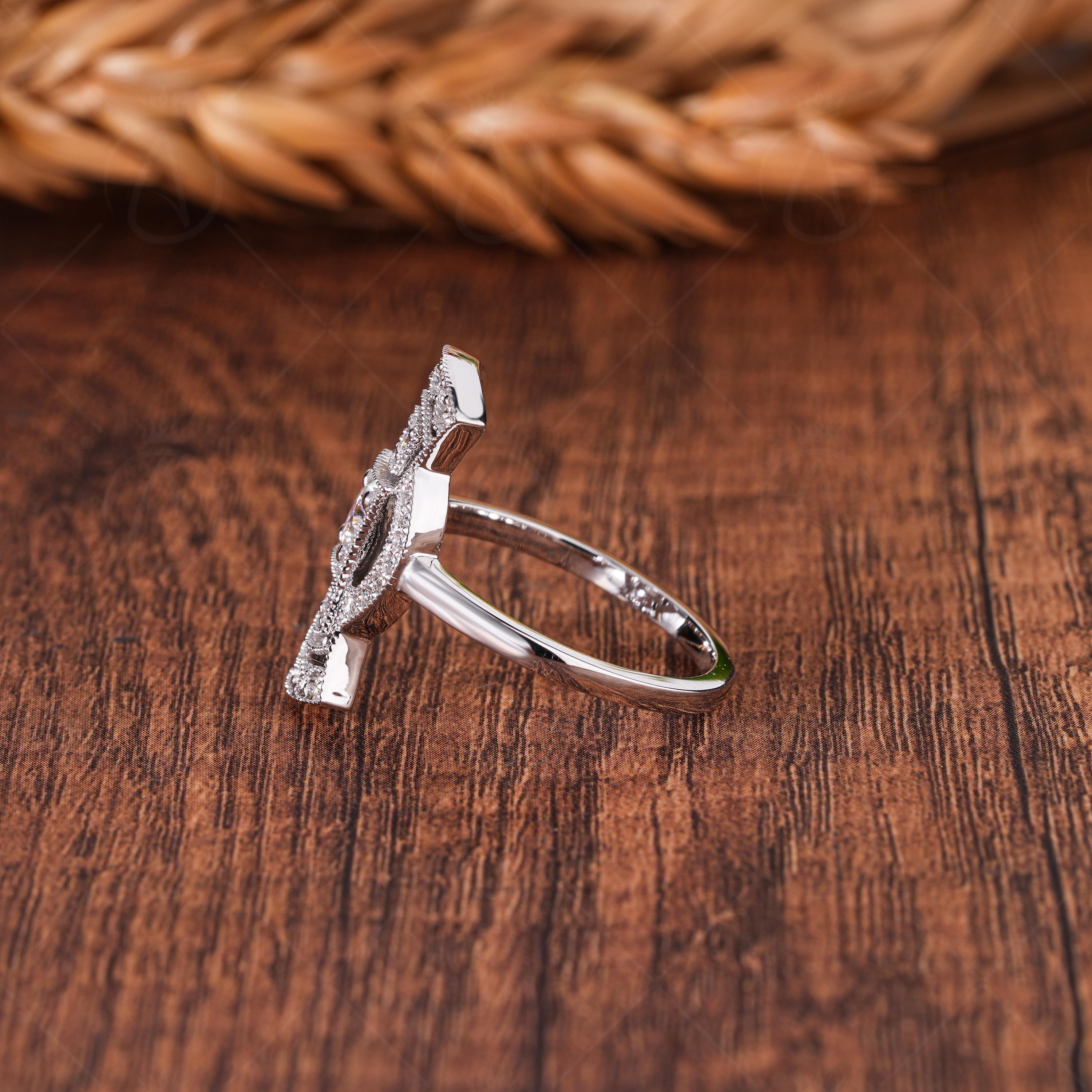 Antique Long Art Deco Edwardian Engagement Ring Retro Long Openwork Ring For Women Victorian Style Milgrain Ring