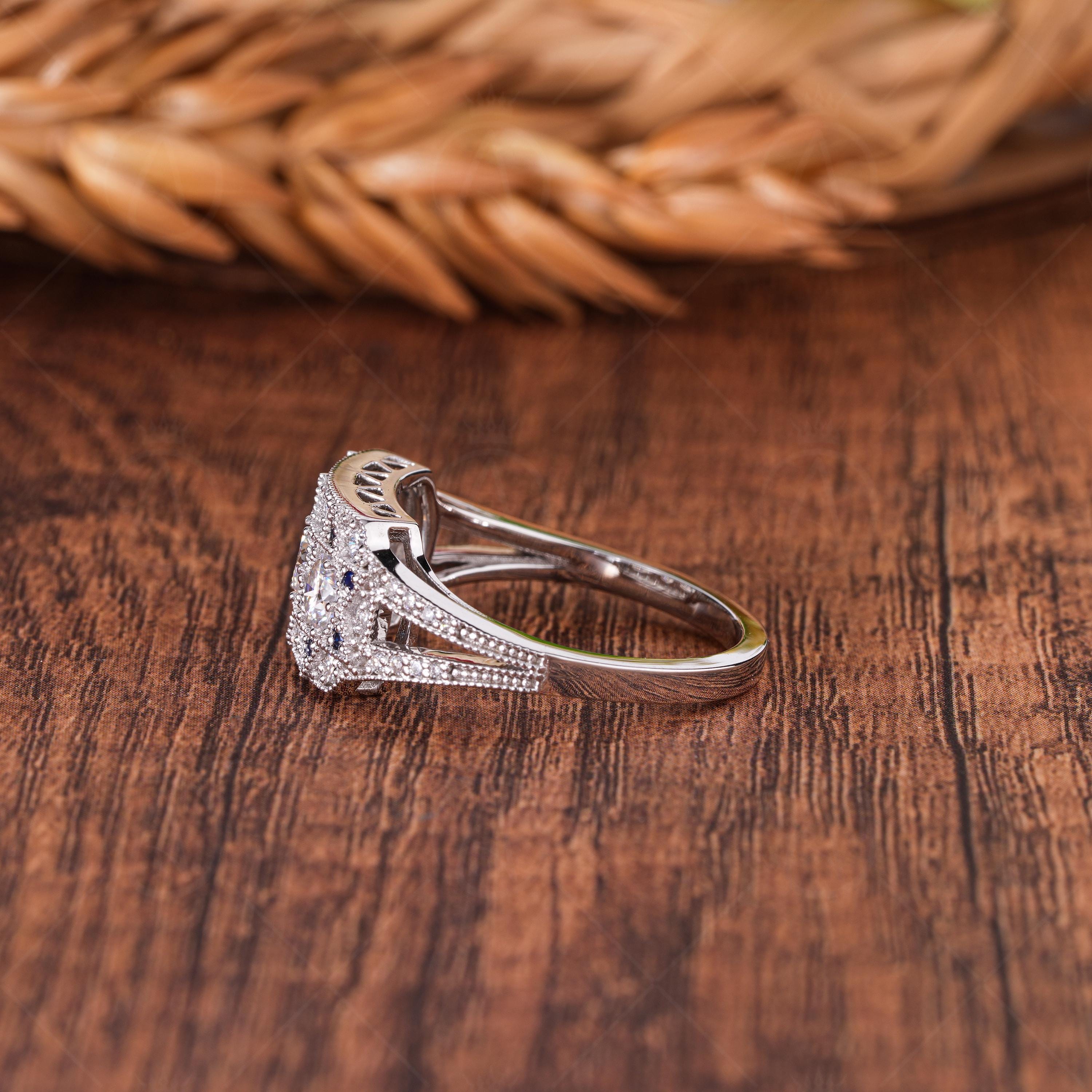 Unique Edwardian Style Engagement Ring, Trilogy Art Deco Estate Moissanite Ring, Milgrain Vintage Inspired Ring