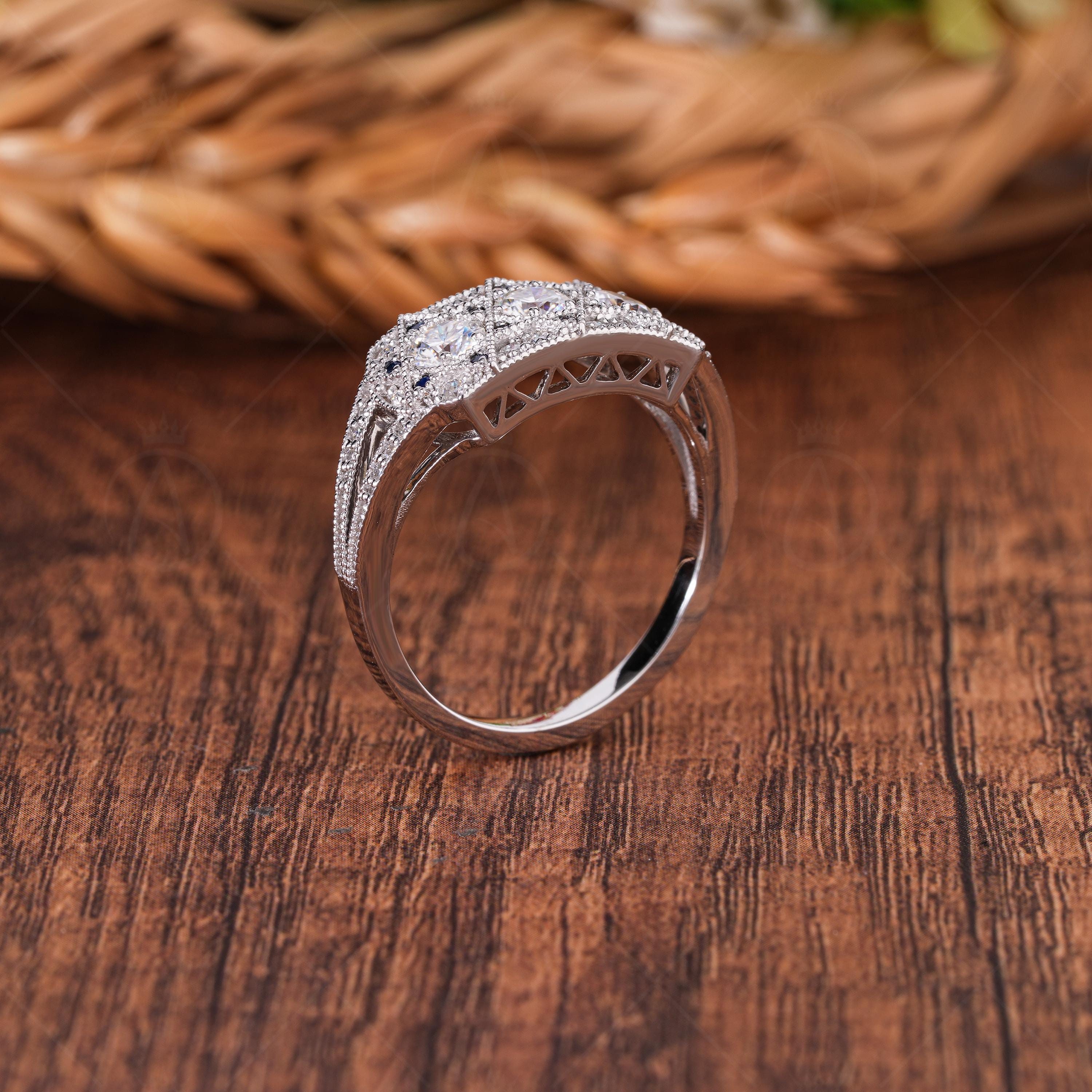 Unique Edwardian Style Engagement Ring, Trilogy Art Deco Estate Moissanite Ring, Milgrain Vintage Inspired Ring