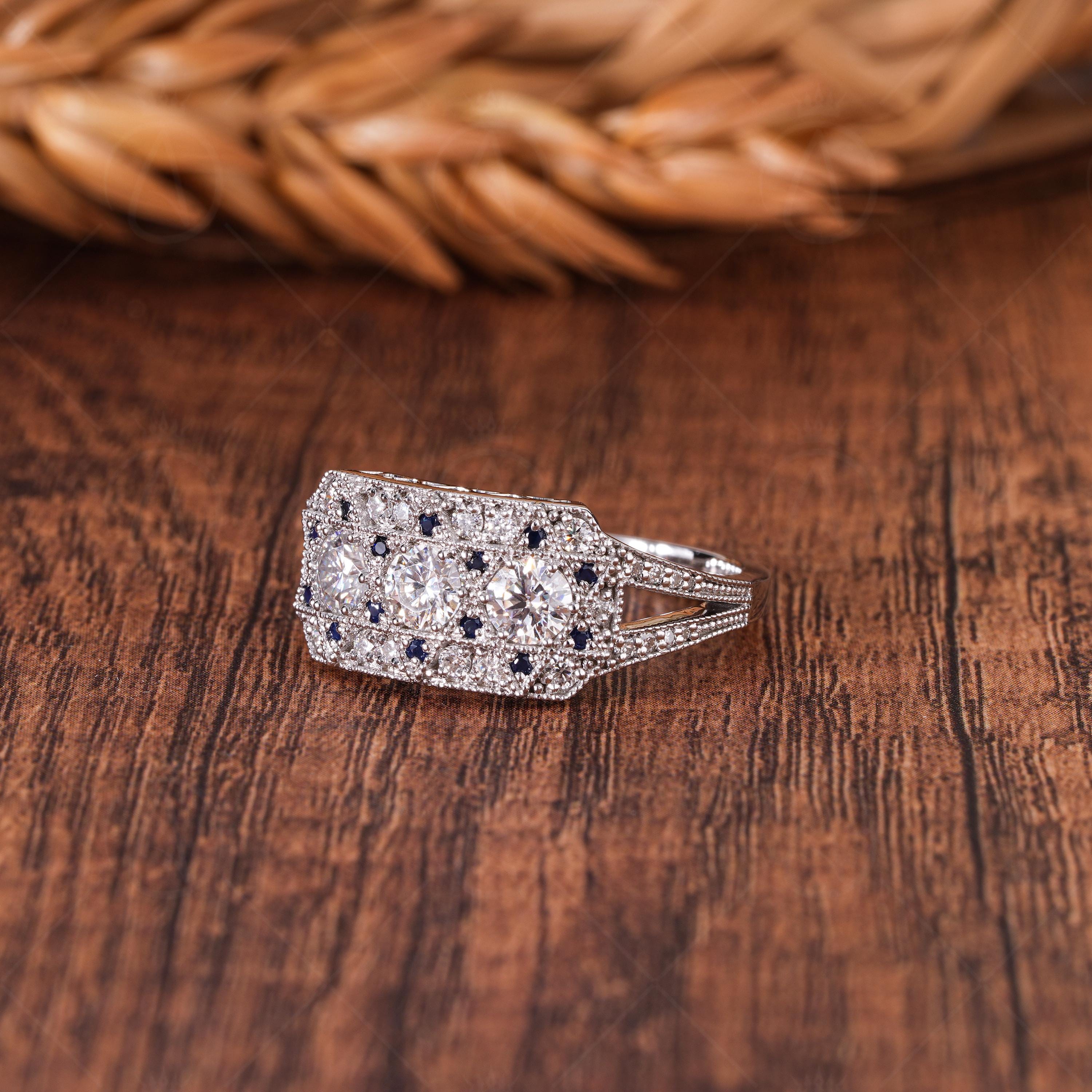 Unique Edwardian Style Engagement Ring, Trilogy Art Deco Estate Moissanite Ring, Milgrain Vintage Inspired Ring