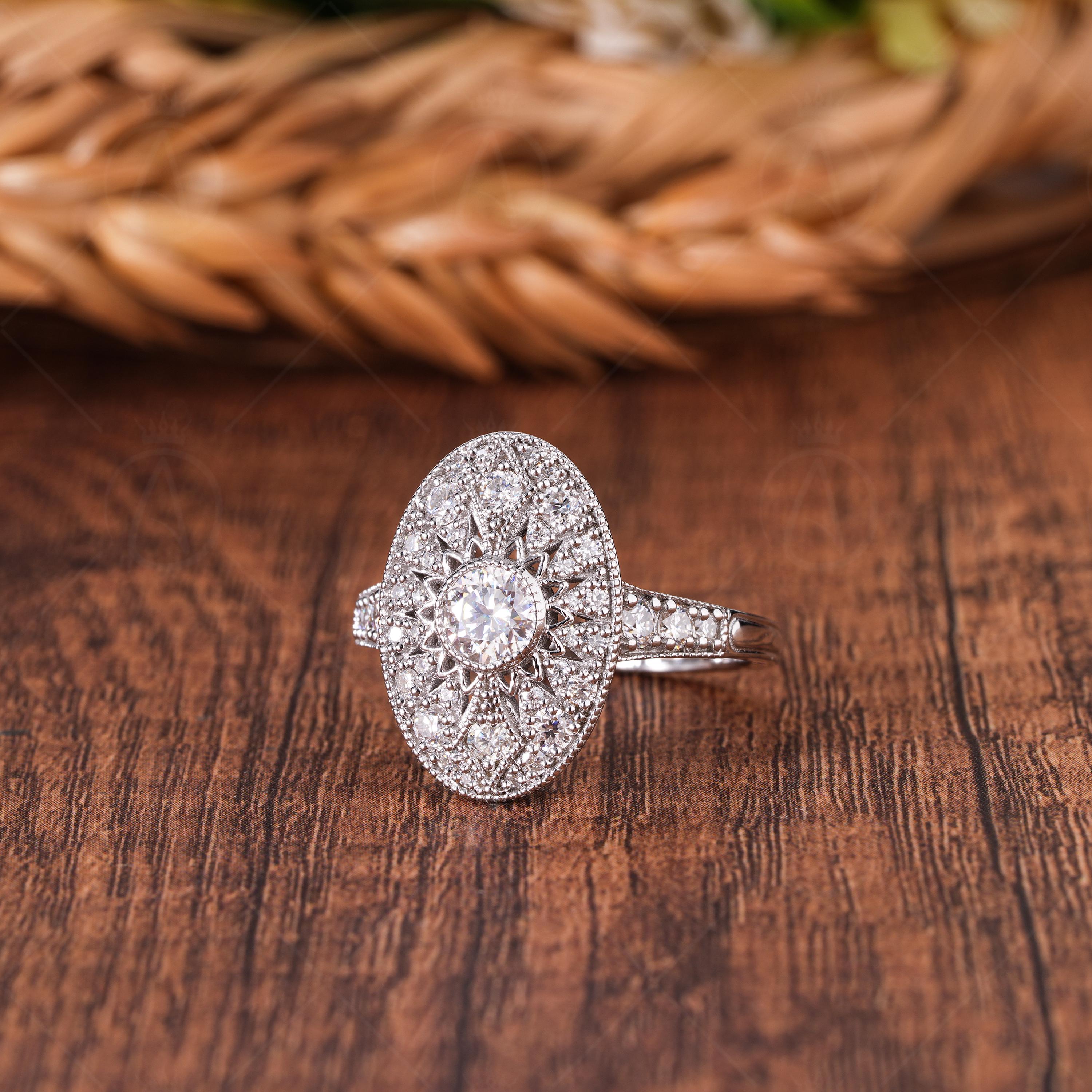 Openwork Art Deco Vintage Style Engagement Ring Long Oval Shaped Vintage Milgrain Ring Moissanite Promise Ring