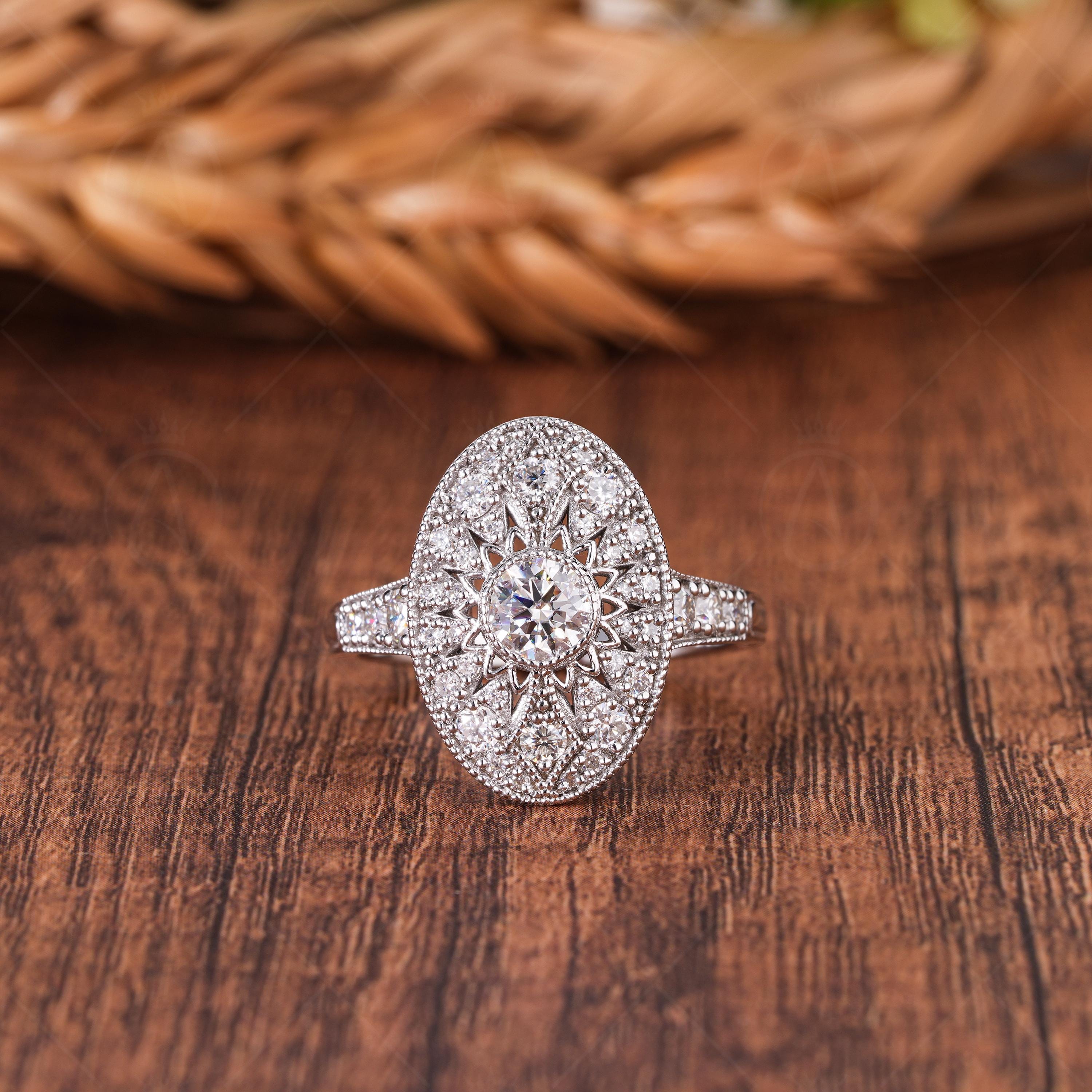 Openwork Art Deco Vintage Style Engagement Ring Long Oval Shaped Vintage Milgrain Ring Moissanite Promise Ring