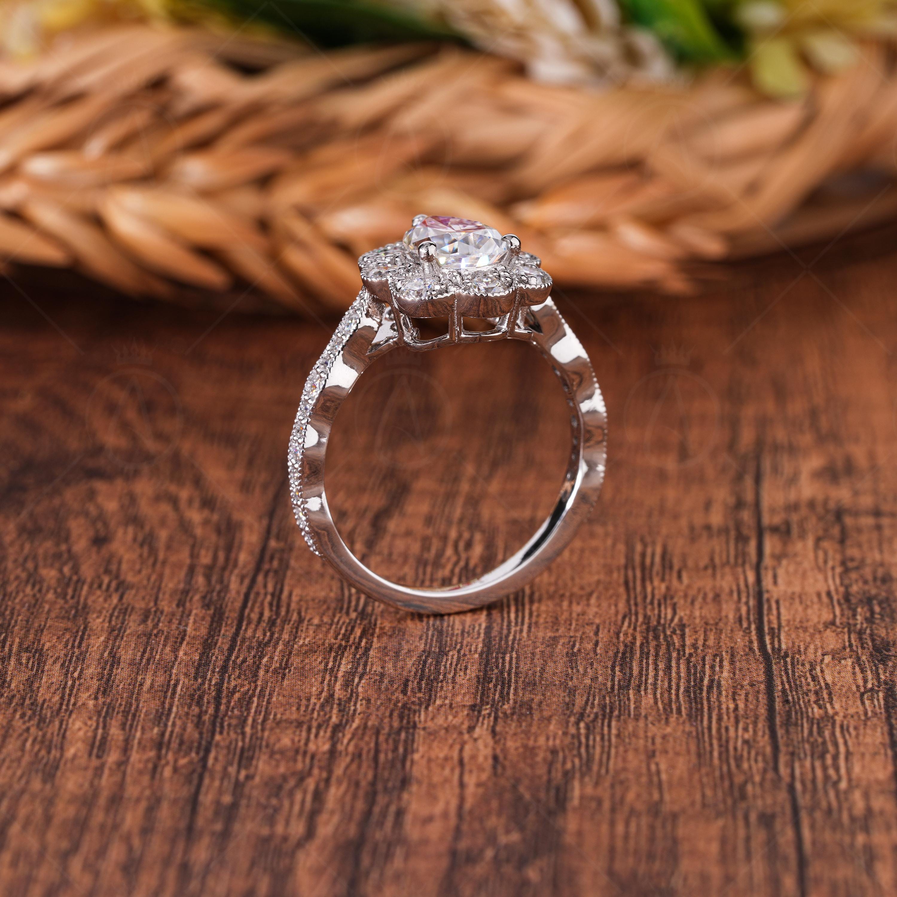 Art Deco Vintage Style Engagement Ring Unique Milgrain Vintage Rings For Women Pear Shaped Moissanite Halo Ring