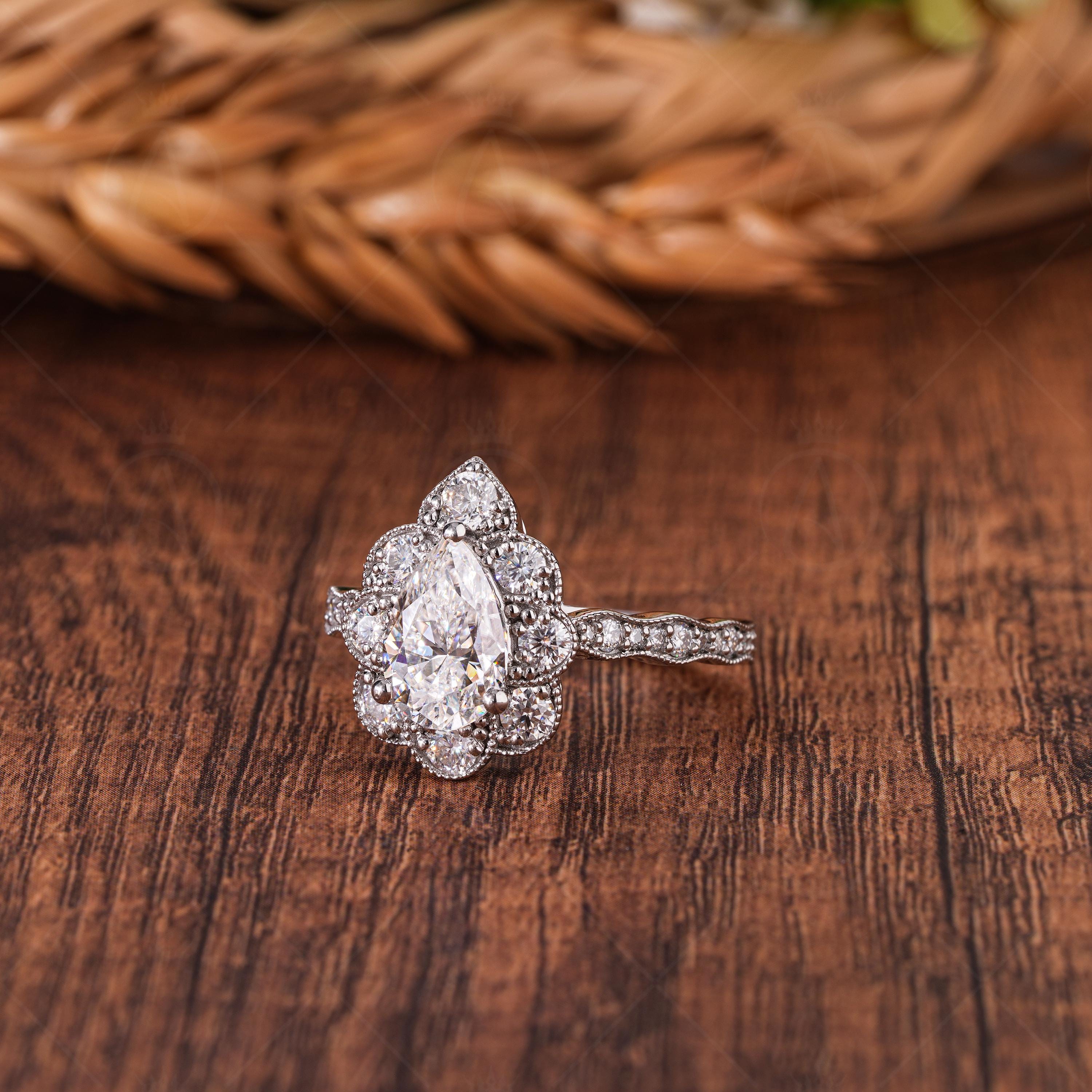 Art Deco Vintage Style Engagement Ring Unique Milgrain Vintage Rings For Women Pear Shaped Moissanite Halo Ring