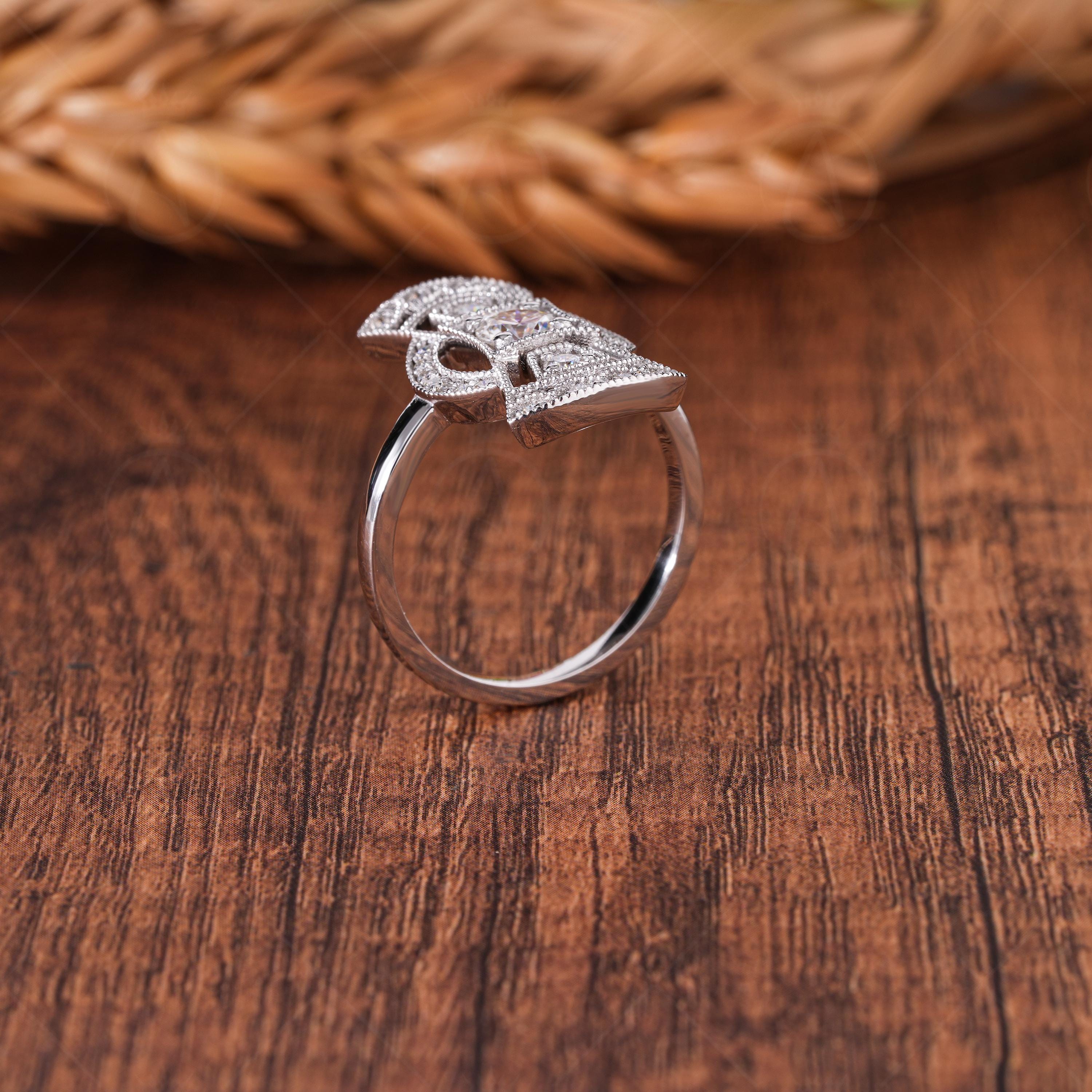 Antique Long Art Deco Edwardian Engagement Ring Retro Long Openwork Ring For Women Victorian Style Milgrain Ring