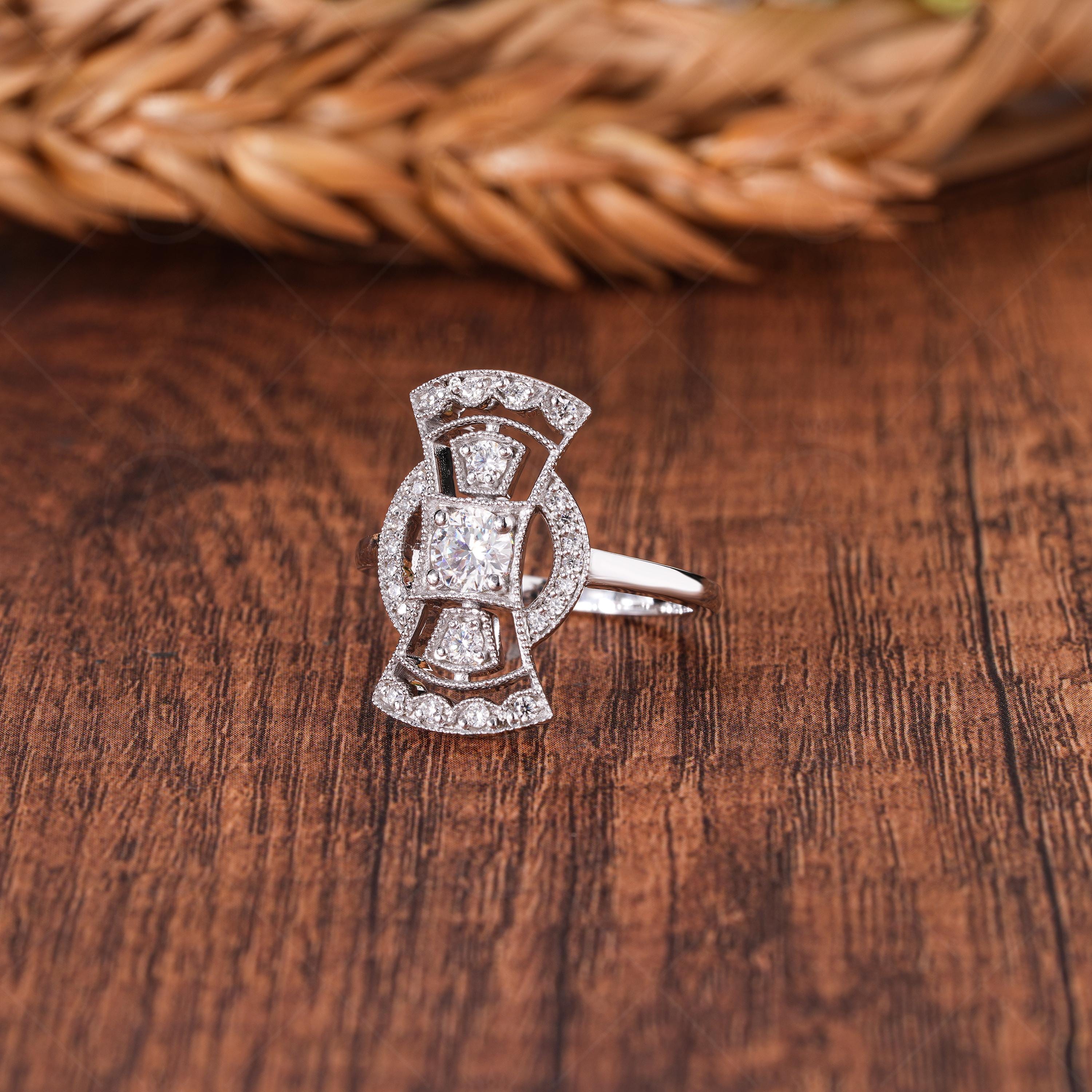 Antique Long Art Deco Edwardian Engagement Ring Retro Long Openwork Ring For Women Victorian Style Milgrain Ring