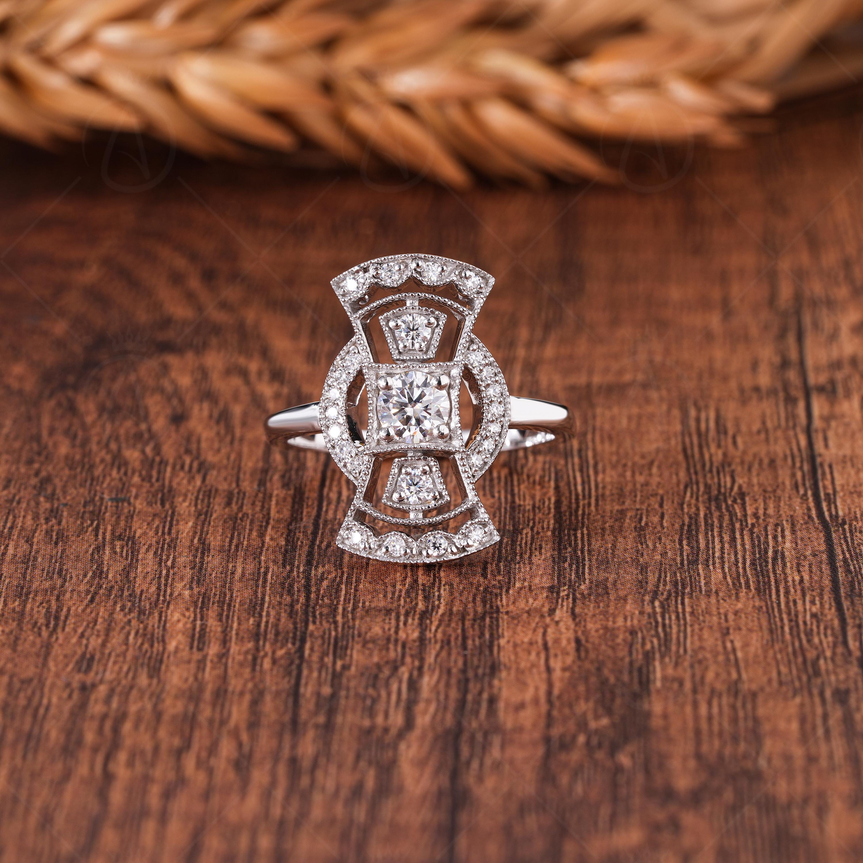 Antique Long Art Deco Edwardian Engagement Ring Retro Long Openwork Ring For Women Victorian Style Milgrain Ring