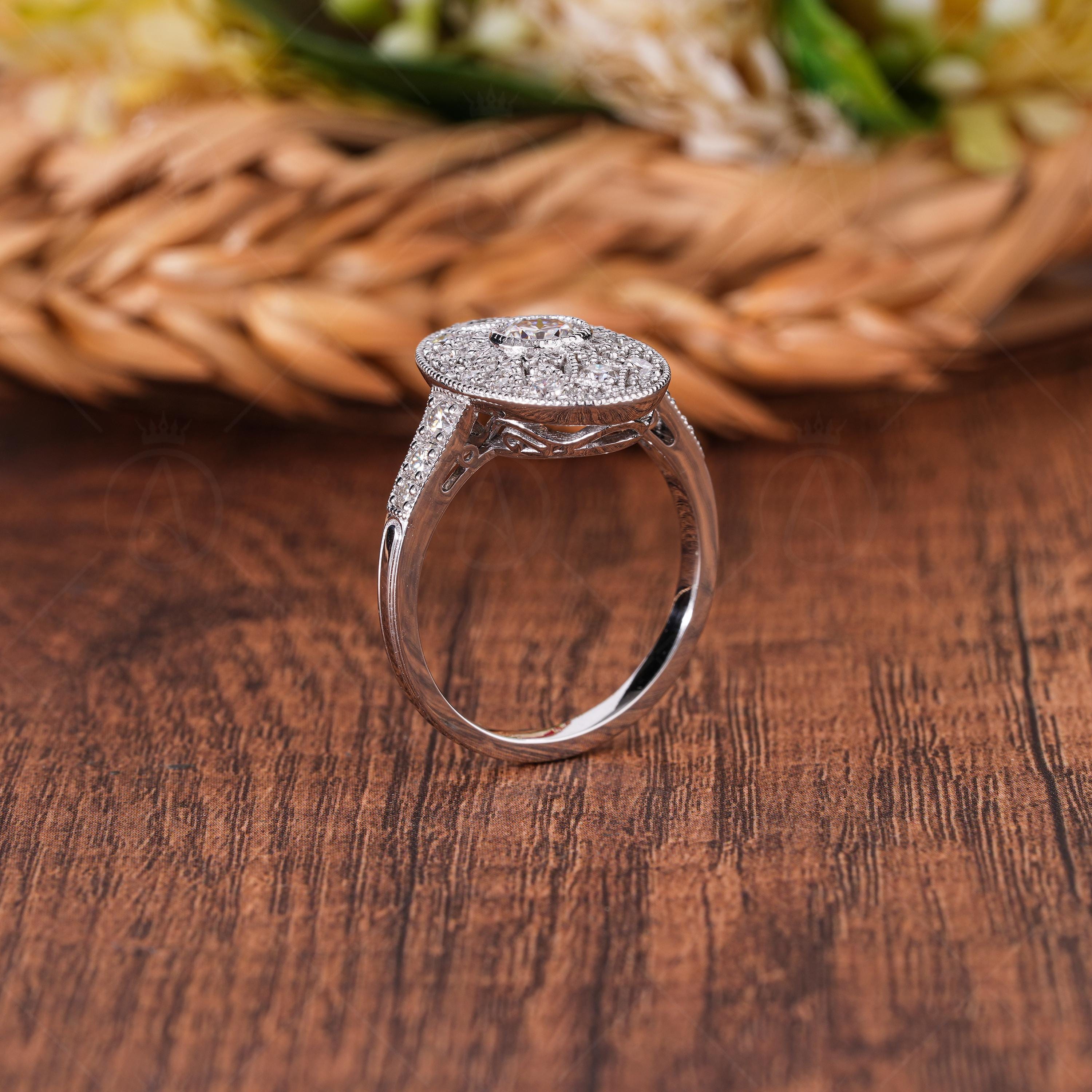 Openwork Art Deco Vintage Style Engagement Ring Long Oval Shaped Vintage Milgrain Ring Moissanite Promise Ring