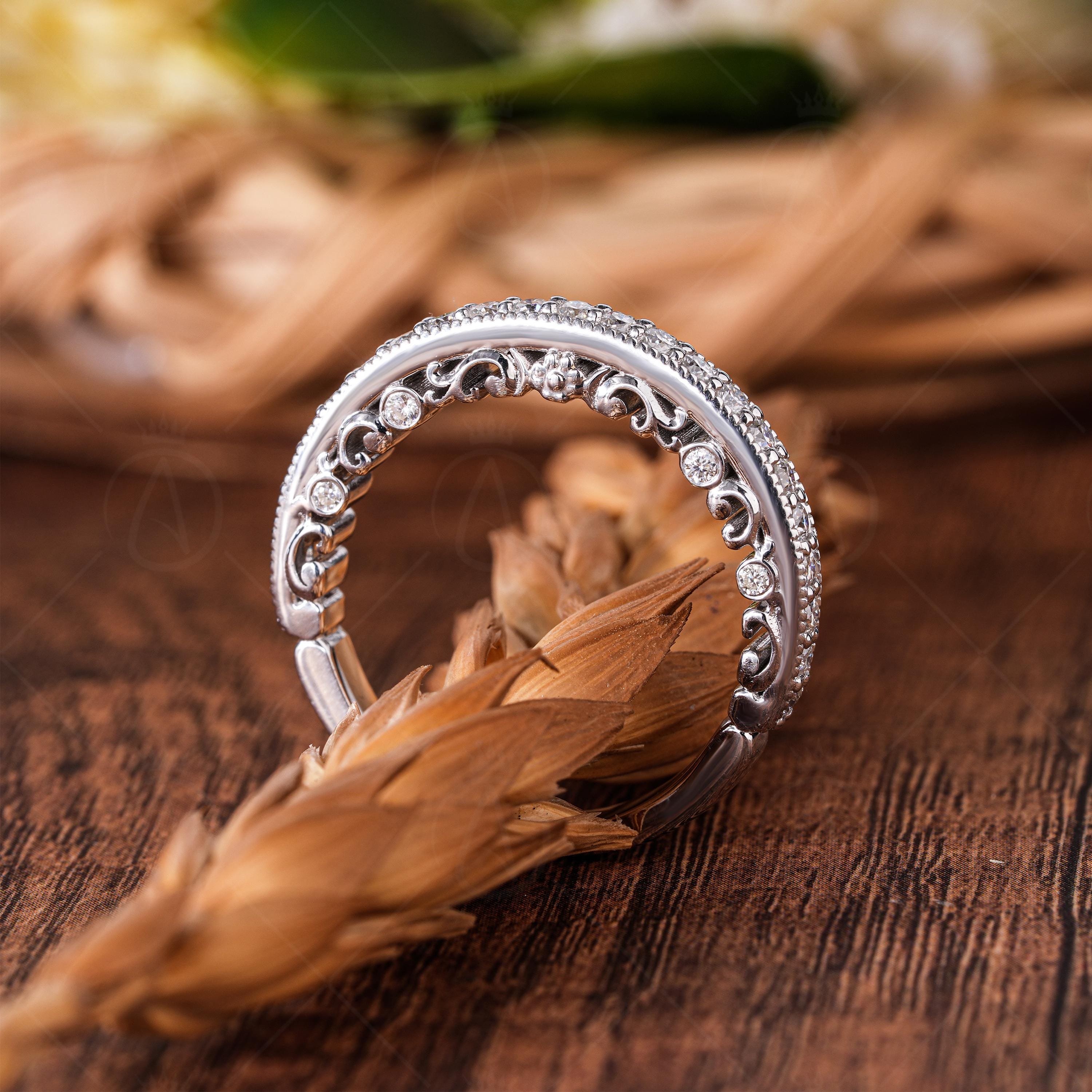 Art Deco Peekaboo Eternity Band Hidden Vintage Design Wedding Band Unique Moissanite Stacking Ring