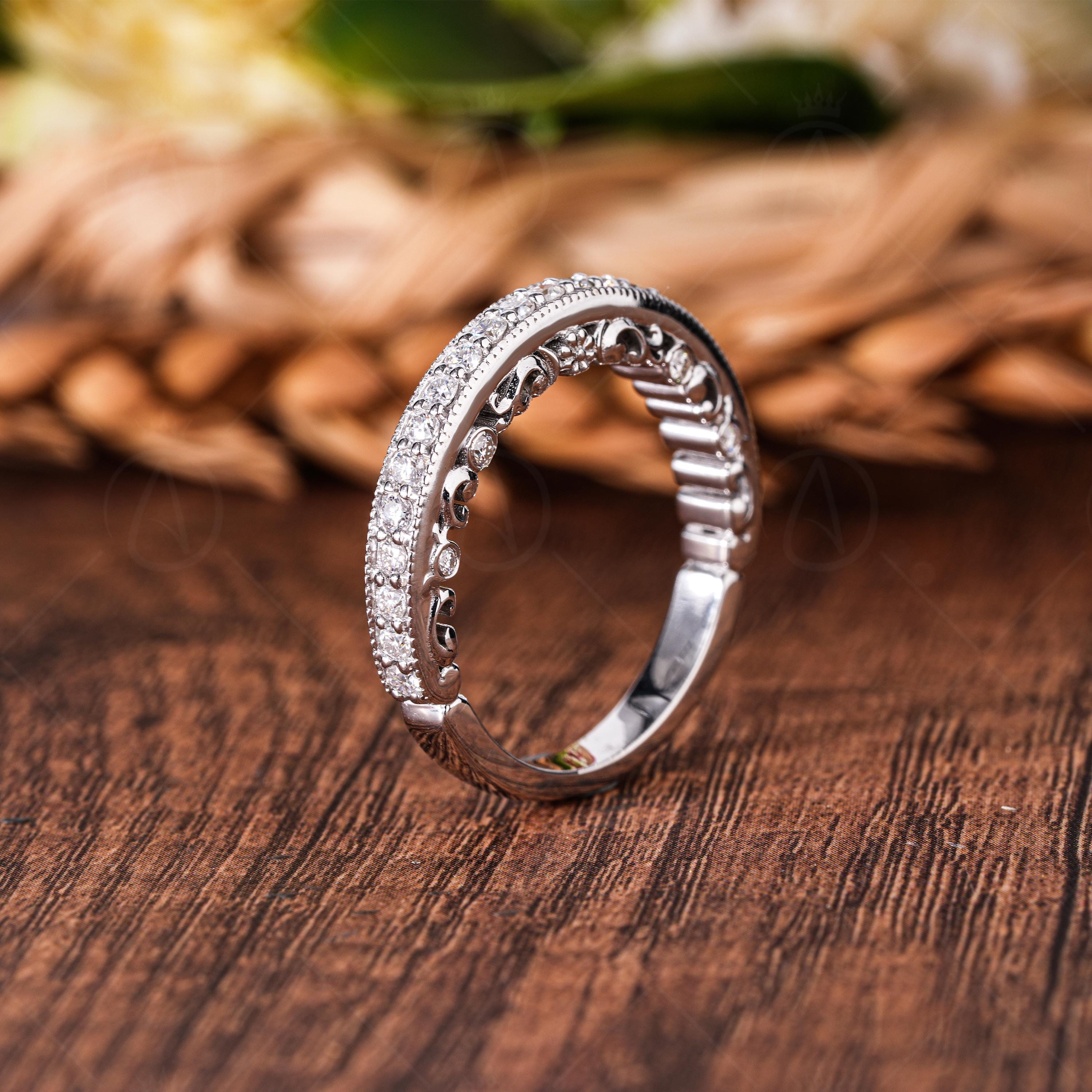 Art Deco Peekaboo Eternity Band Hidden Vintage Design Wedding Band Unique Moissanite Stacking Ring