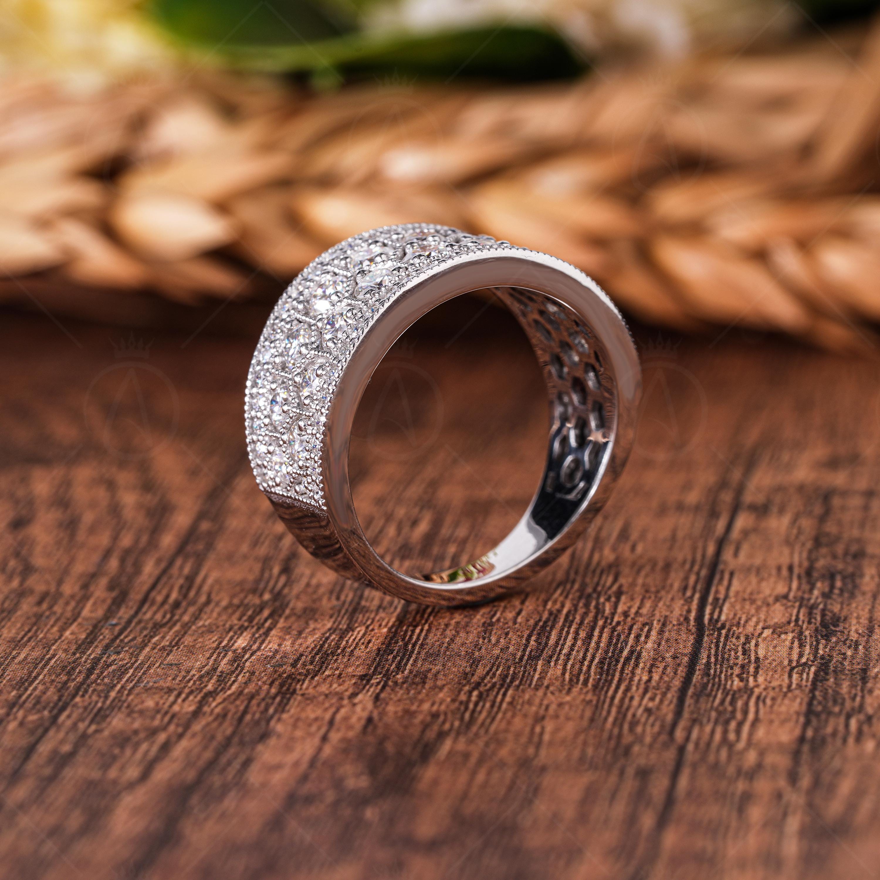 Designer Wide Right Hand Band Rings For Women Art Deco Milgrain Vintage Anniversary Band Thick Moissanite Band