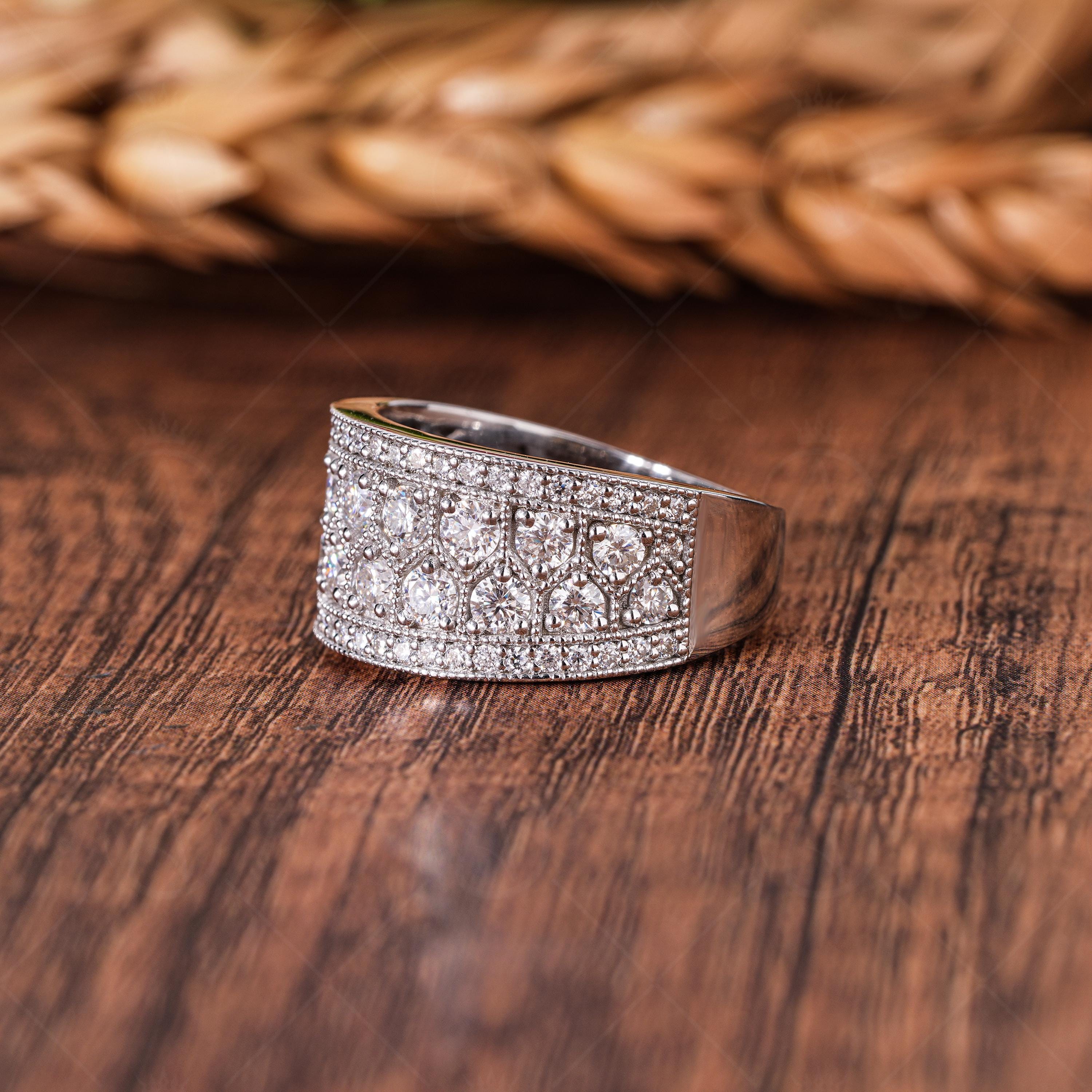 Designer Wide Right Hand Band Rings For Women Art Deco Milgrain Vintage Anniversary Band Thick Moissanite Band