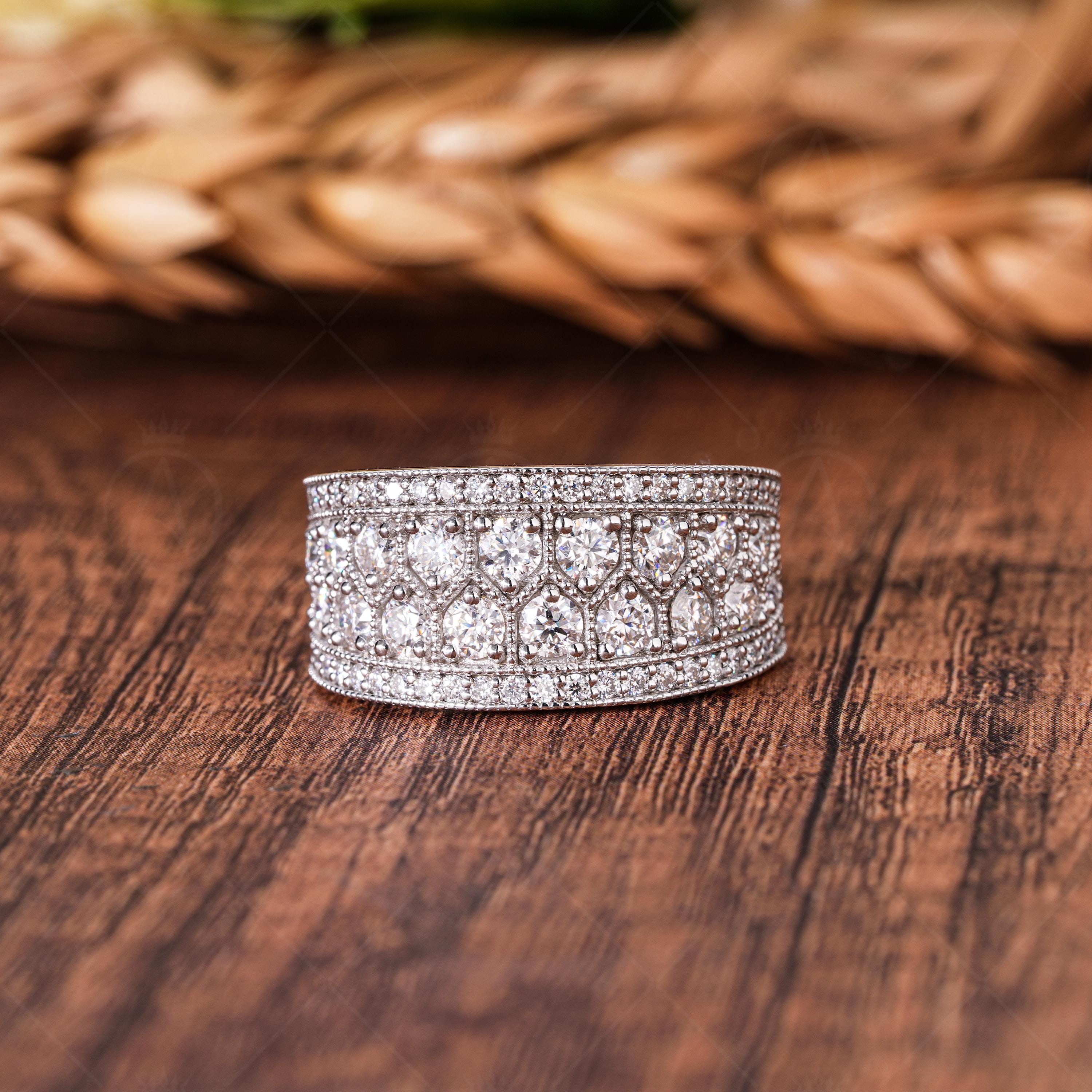 Designer Wide Right Hand Band Rings For Women Art Deco Milgrain Vintage Anniversary Band Thick Moissanite Band