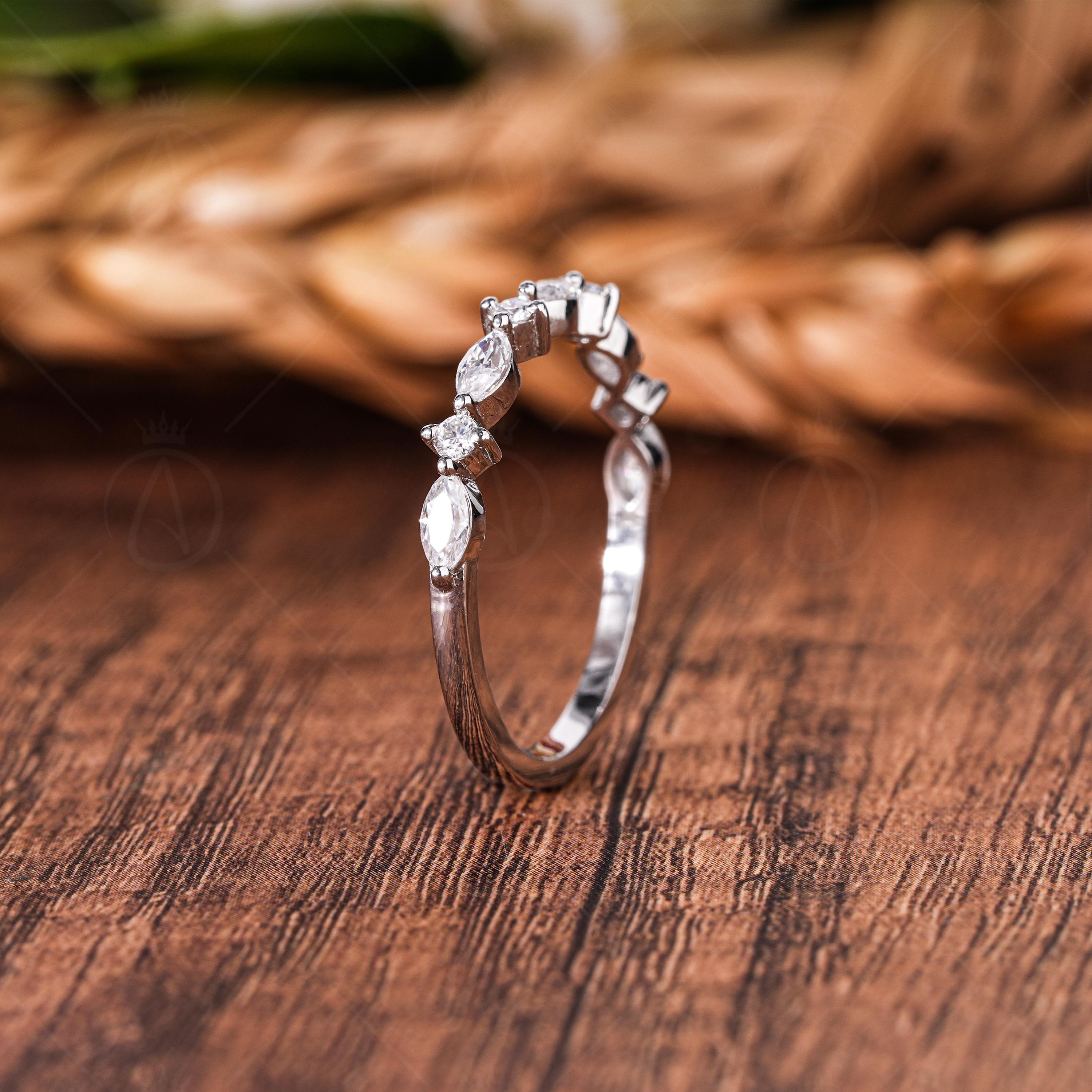 Lab Grown Diamond Wedding Band, Marquise & Round Cut, Half Eternity