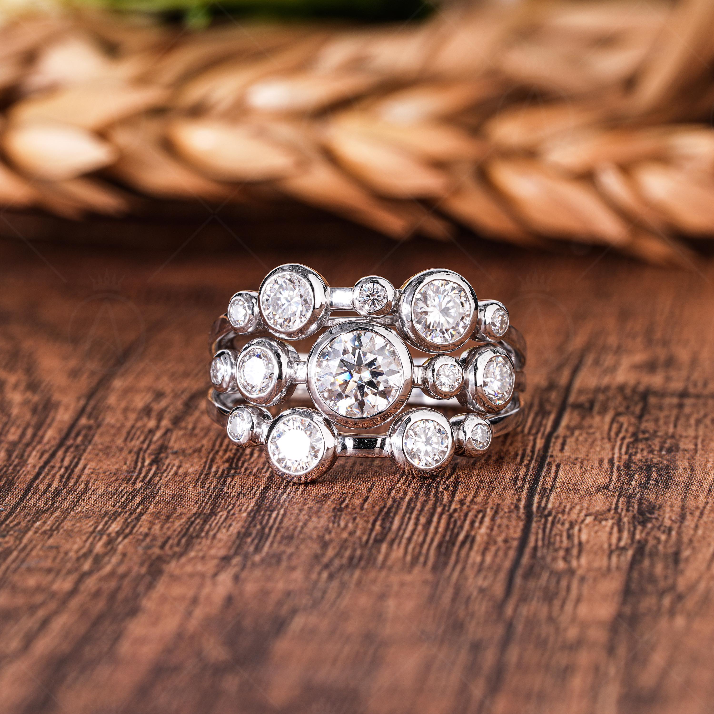 Lab Grown Diamond Cocktail Ring, 14k White Gold Bubble Ring