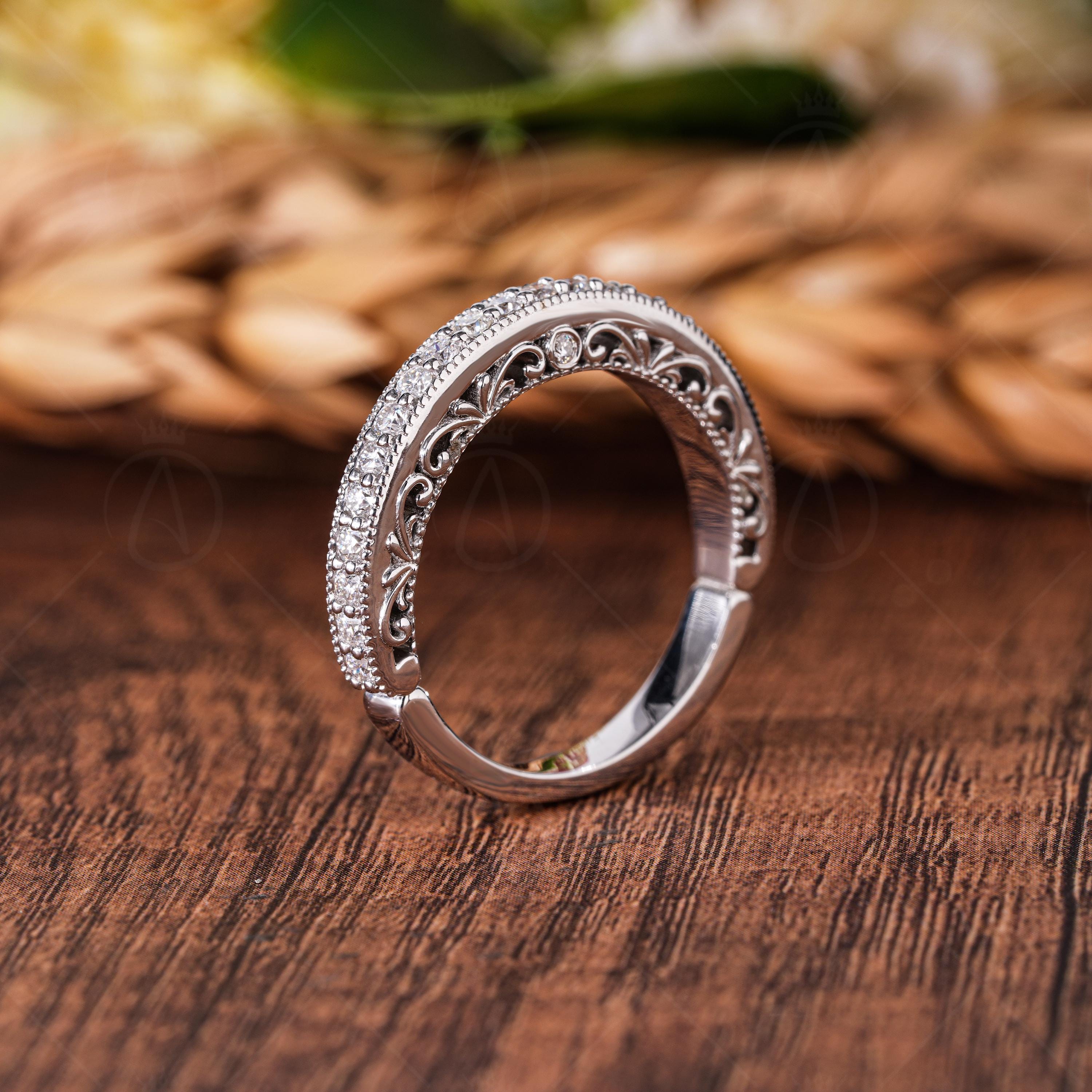 Peekaboo Setting Vintage Filigree Wedding Band Secret Design Stackable Rings For Women Anniversary Band
