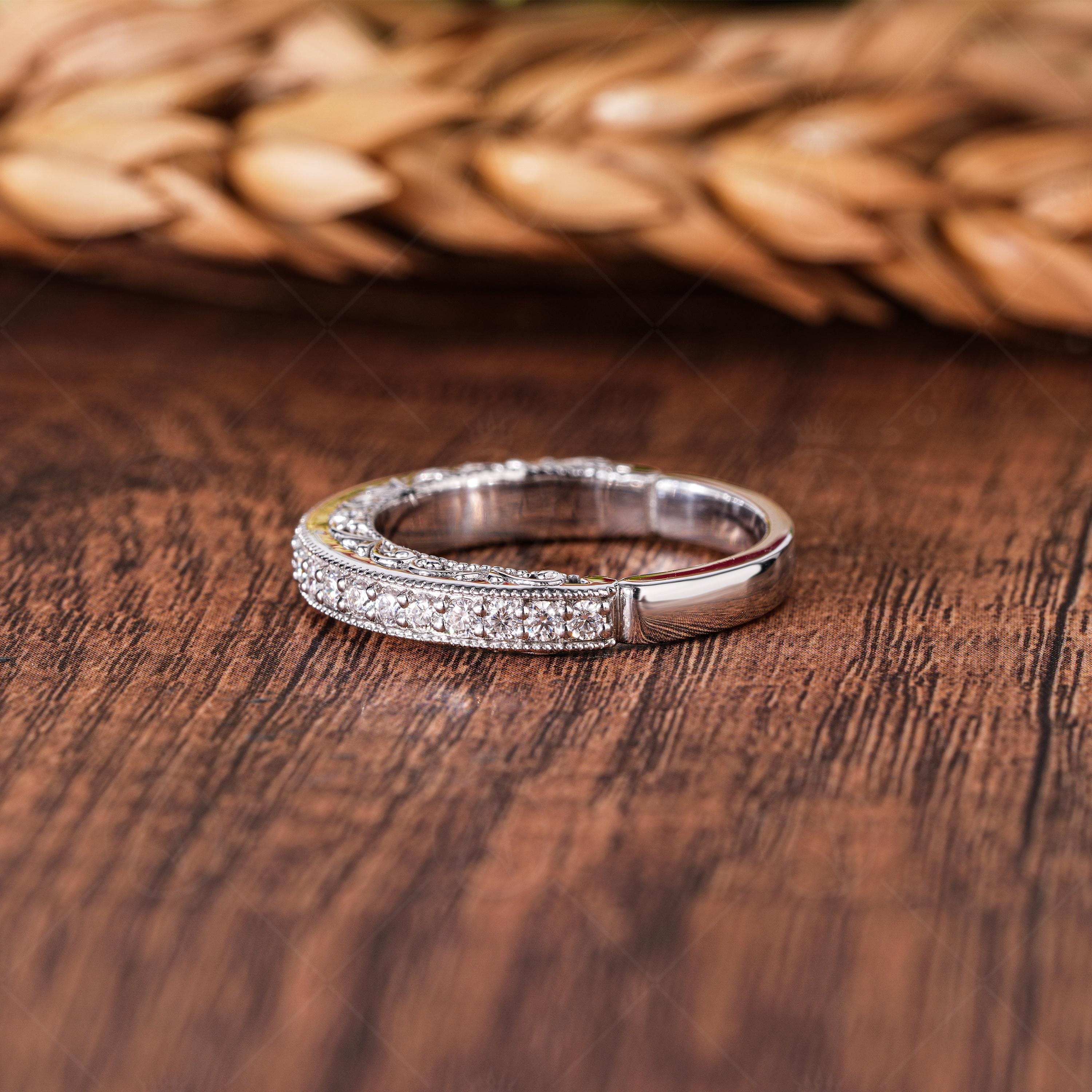 Peekaboo Setting Vintage Filigree Wedding Band Secret Design Stackable Rings For Women Anniversary Band