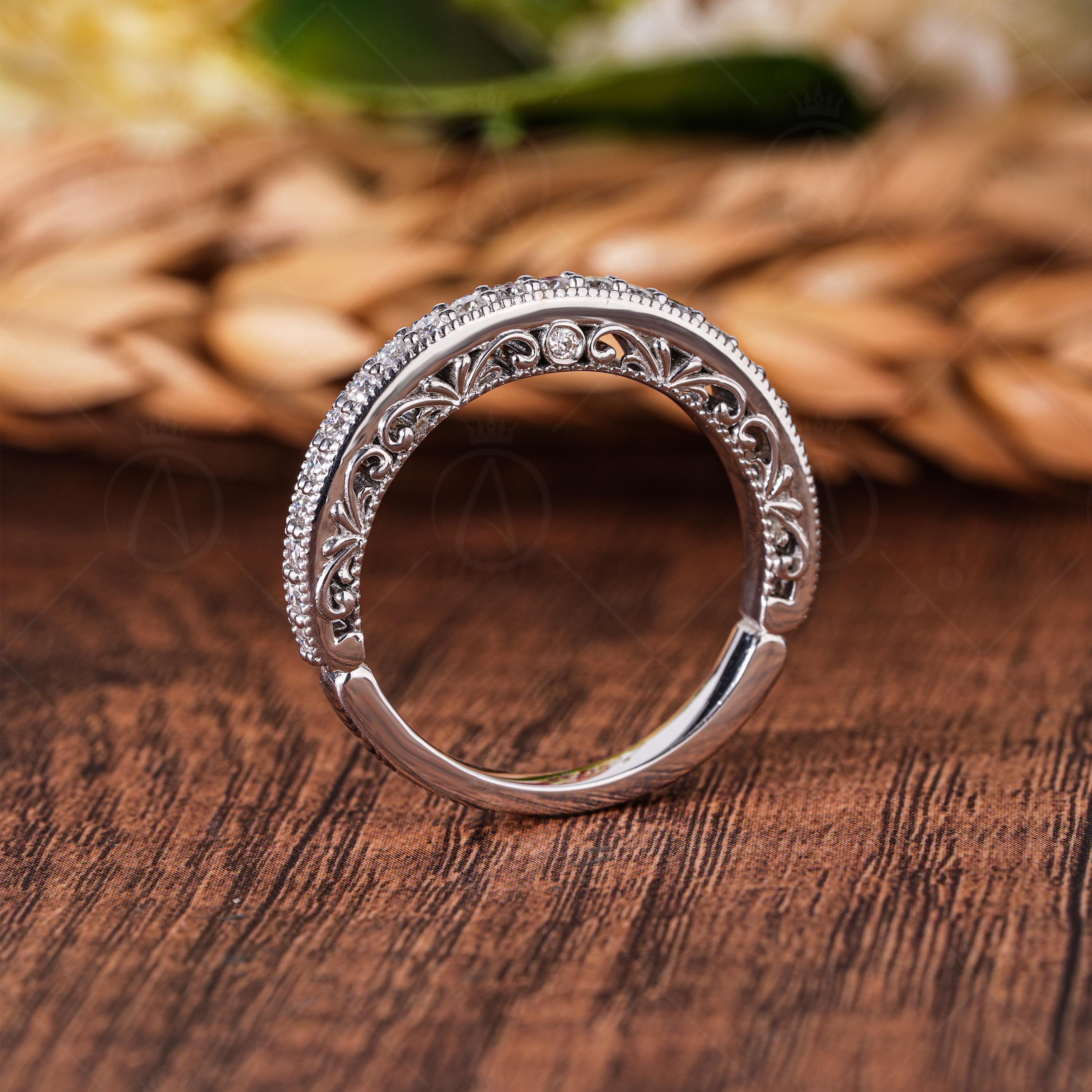 Peekaboo Setting Vintage Filigree Wedding Band Secret Design Stackable Rings For Women Anniversary Band