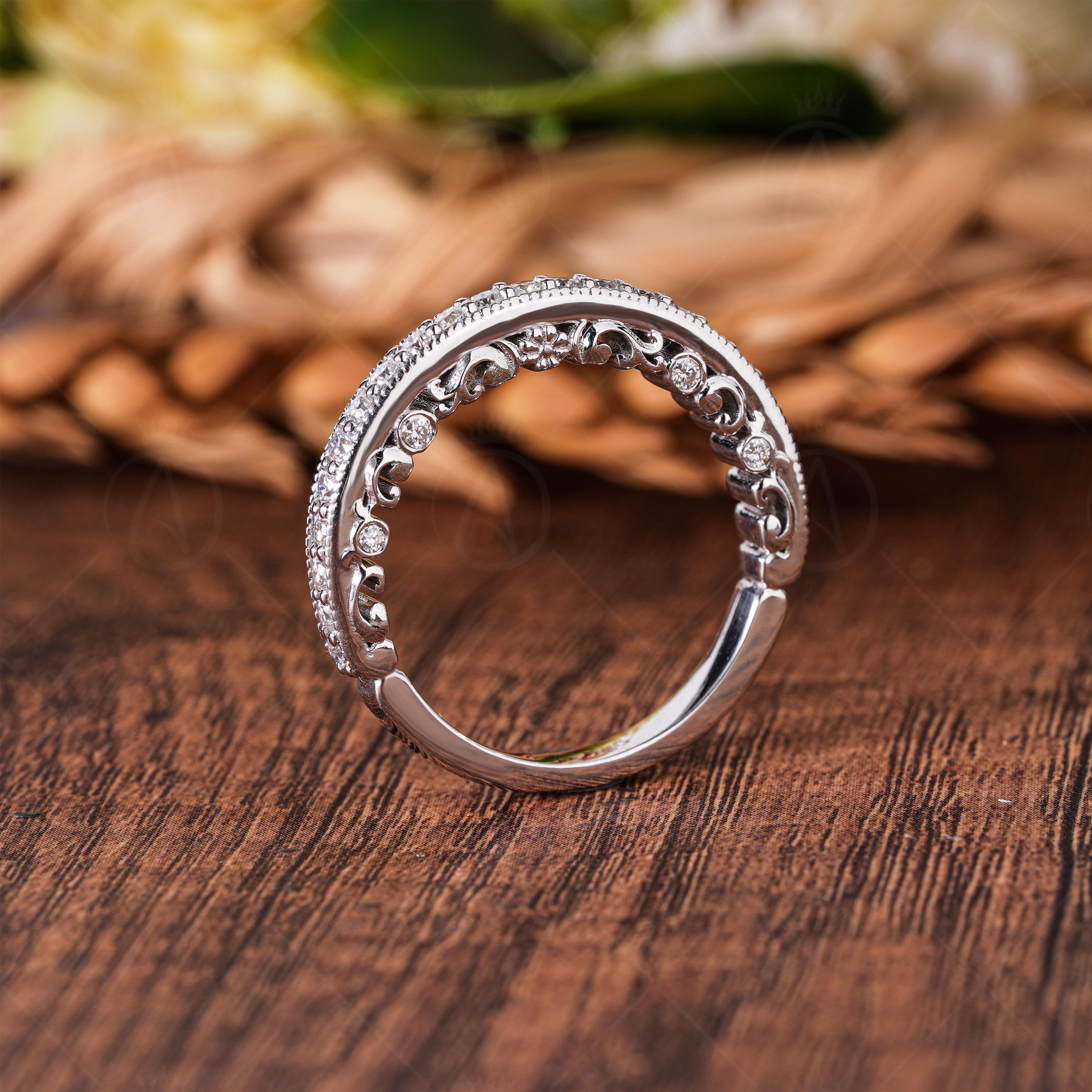 Art Deco Peekaboo Eternity Band Hidden Vintage Design Wedding Band Unique Moissanite Stacking Ring