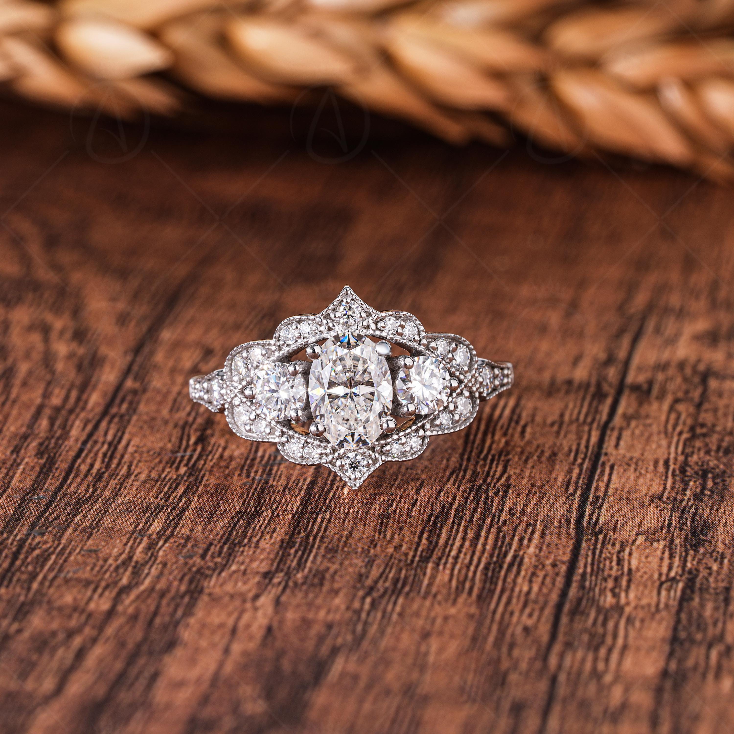 Estate Three Stone Oval Moissanite Engagement Rings For Women Art Deco Milgrain Vintage Style Promise Ring