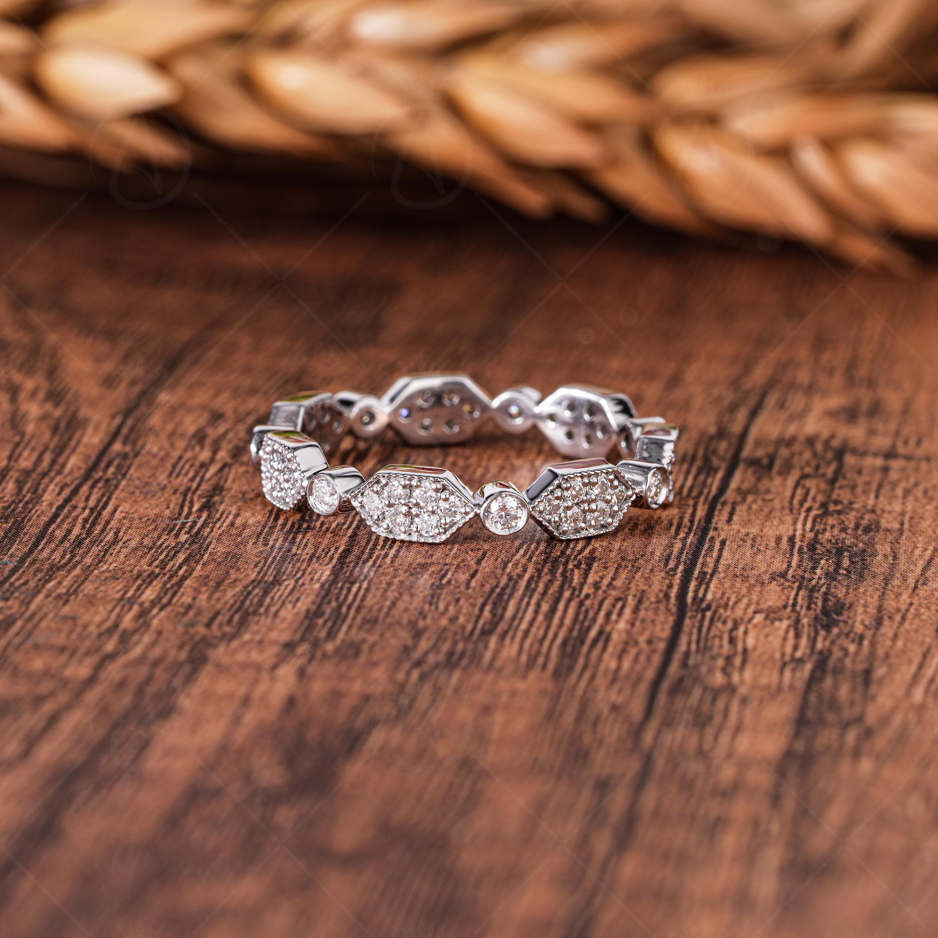 Art Deco Estate Wedding Band For Women Milgrain Vintage Full Eternity Band Alternating Promise Ring For Her