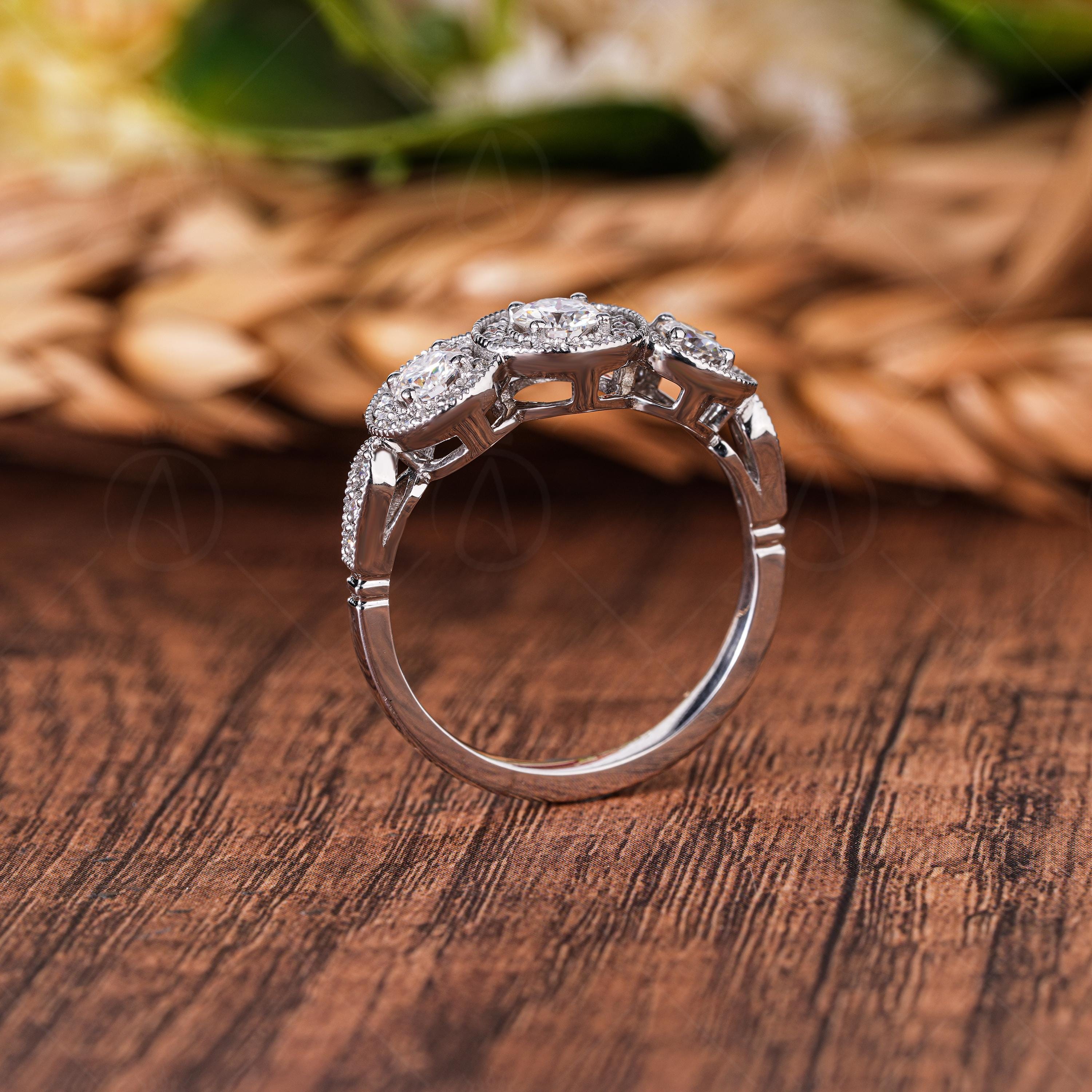 Art Deco Moissanite Three Stone Halo Engagement Ring Milgrain Vintage Style Promise Ring For Women