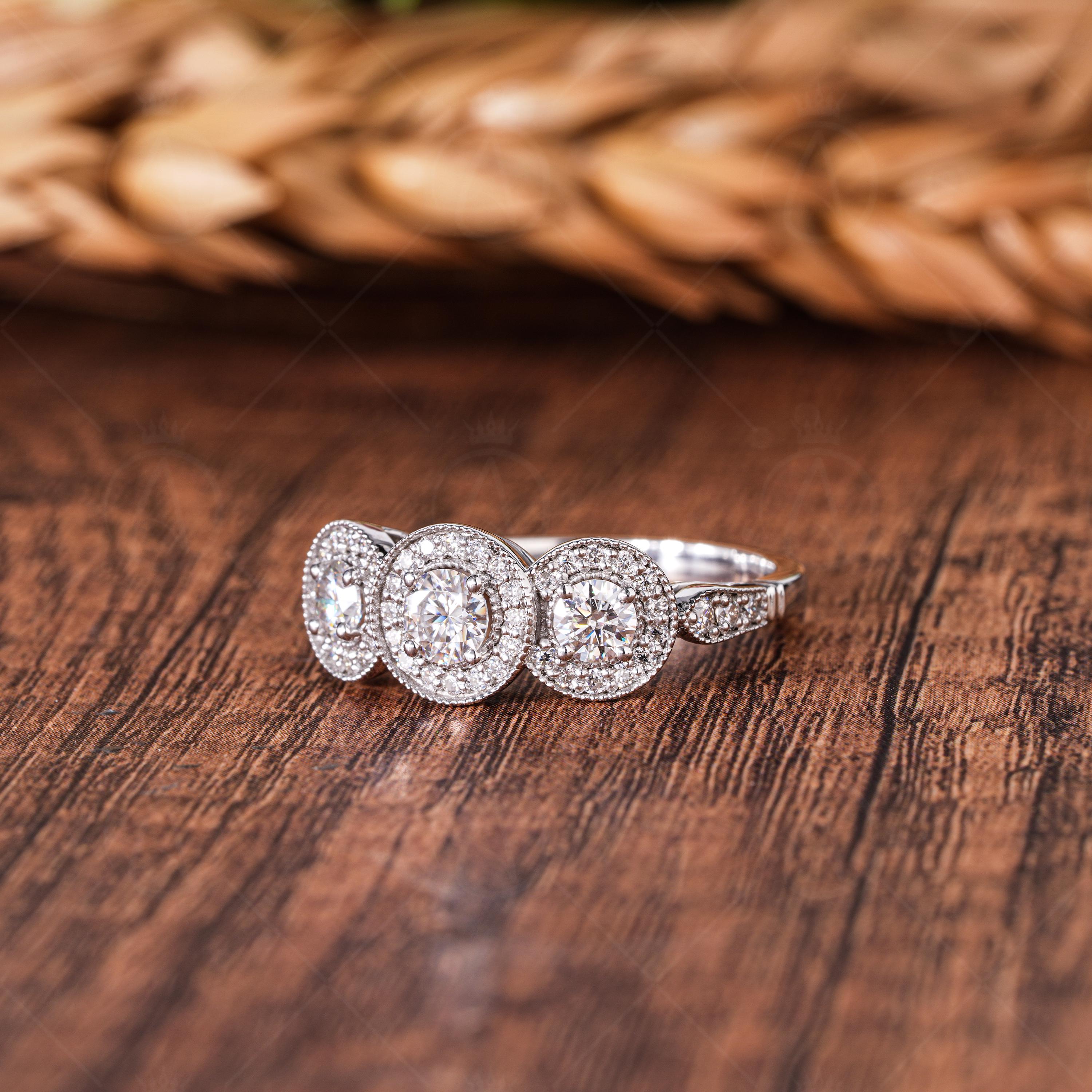 Art Deco Moissanite Three Stone Halo Engagement Ring Milgrain Vintage Style Promise Ring For Women