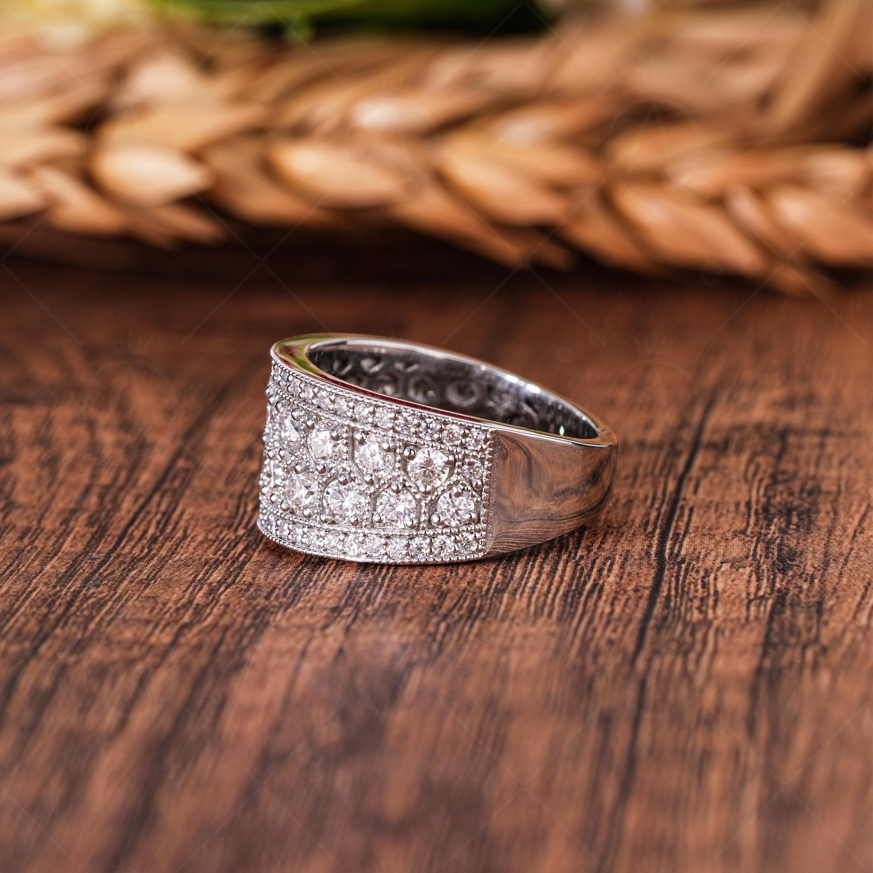 Designer Wide Right Hand Band Rings For Women Art Deco Milgrain Vintage Anniversary Band Thick Moissanite Band