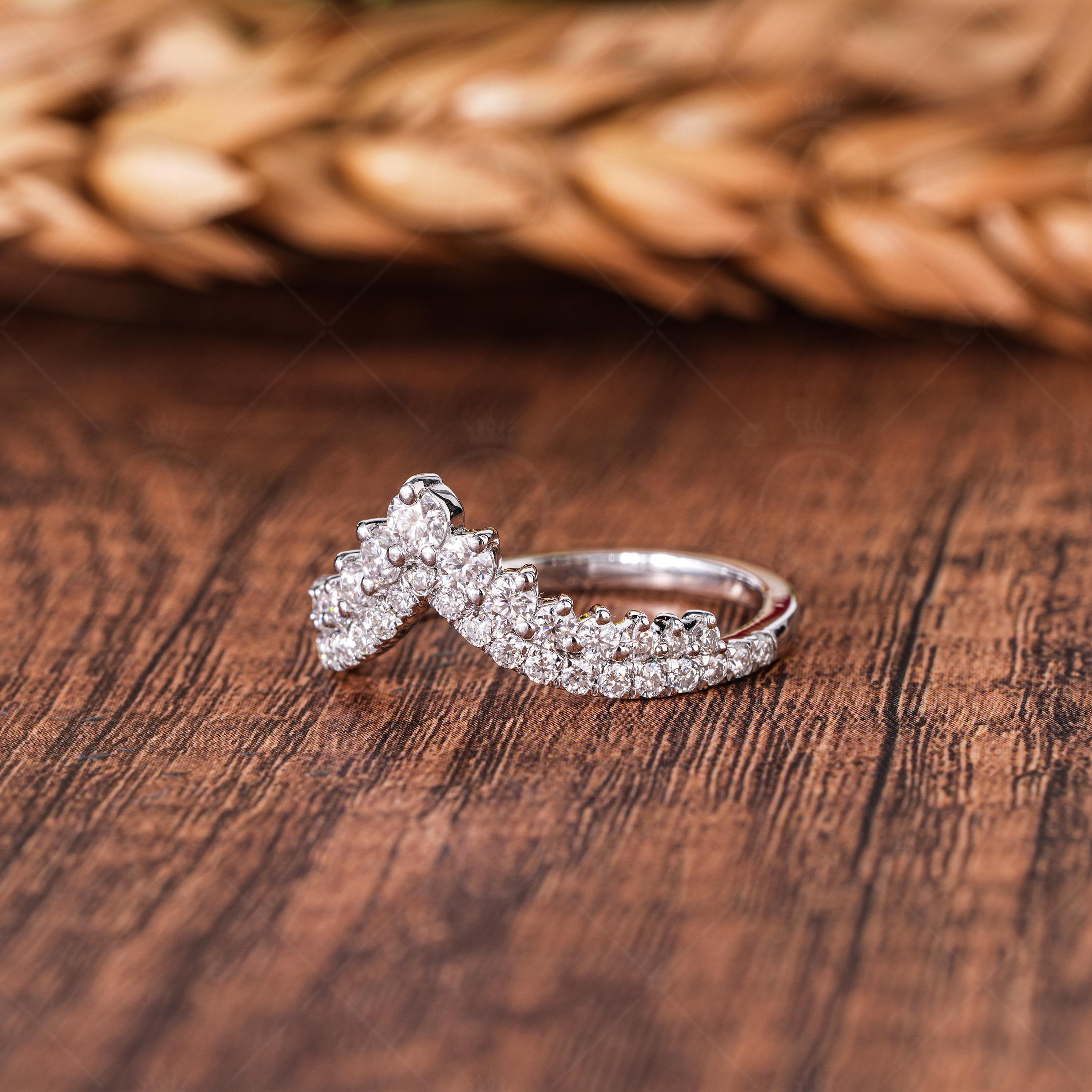 Chevron Lab Grown Diamond Wedding Band, Double Row Tiara Crown Stacking Ring